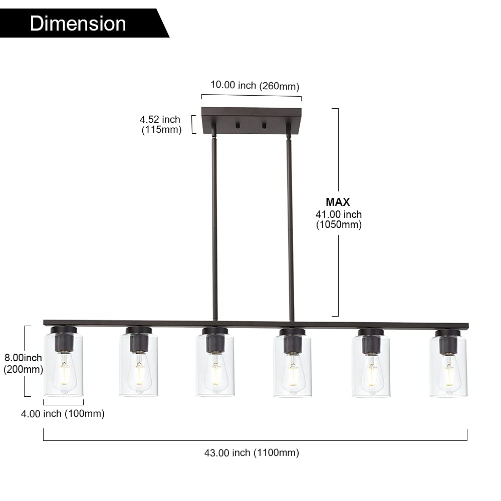 6-Light Farmhouse Pendant Lighting Fixture - Clear Glass Kitchen Island Chandelier in Oil Rubbed Bronze for Dining Room, Cafe & Bar | Perfect for Modern Farmhouse, Industrial & Rustic Home Decor