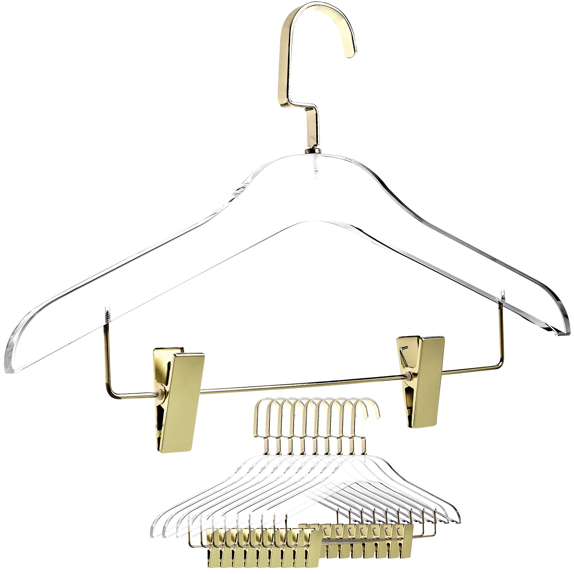 Clear Acrylic Skirt Hangers - 10 Pack Heavy Duty 0.5 Inch Thick Non-Slip Closet Organizers with Gold Chrome Plated Hooks & Clips - Premium Clothing Hangers for Skirts, Pants, Dresses - Perfect for Wardrobe Organization & Retail Display