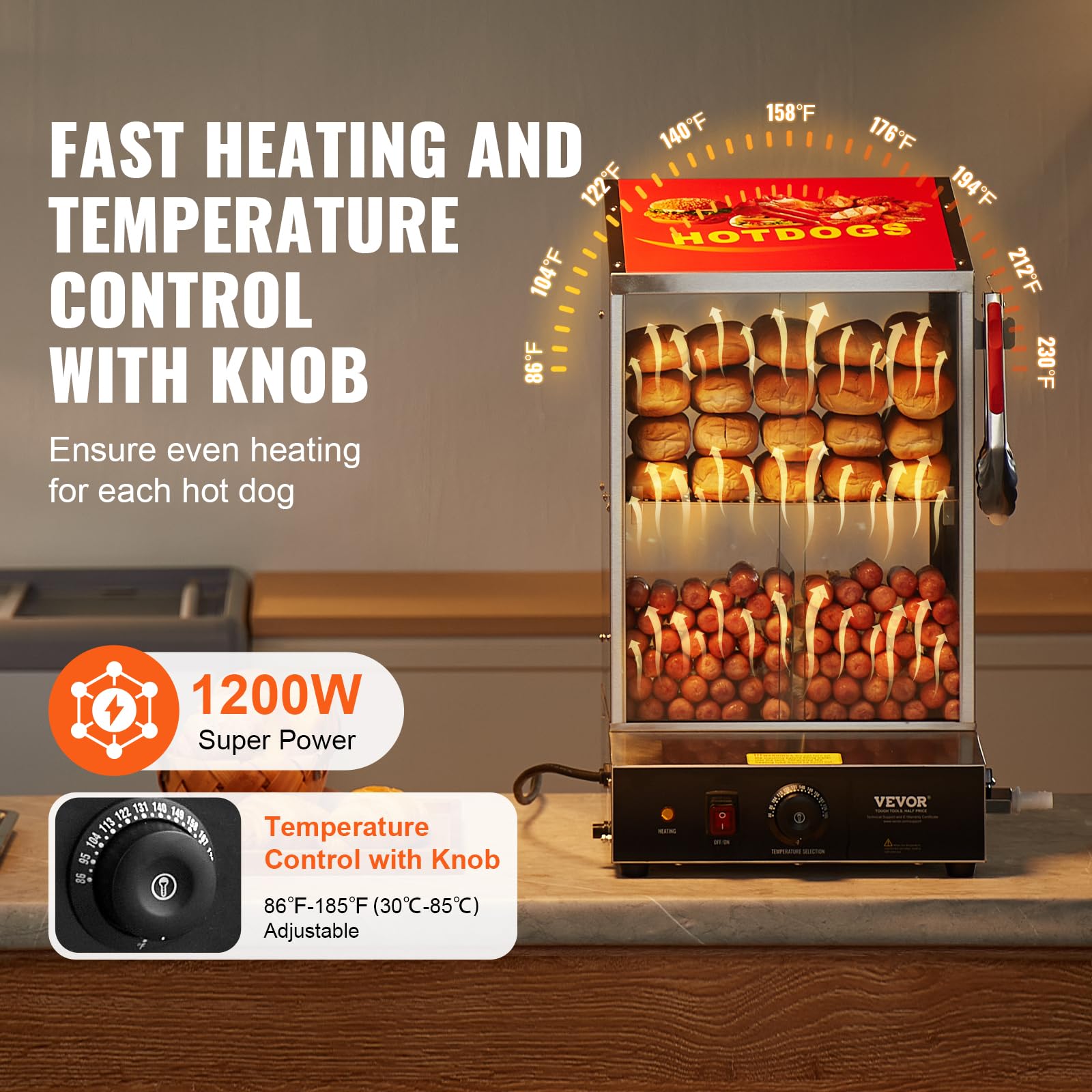 VEVOR 39QT Commercial Hot Dog Steamer - 2-Tier Electric Bun Warmer with Temperature Control (86°F-185°F), Stainless Steel Hot Dog Machine with Tempered Glass Doors & Serving Tools - Perfect for Hot Dog Stands, Food Trucks, and Restaurant Kitchens