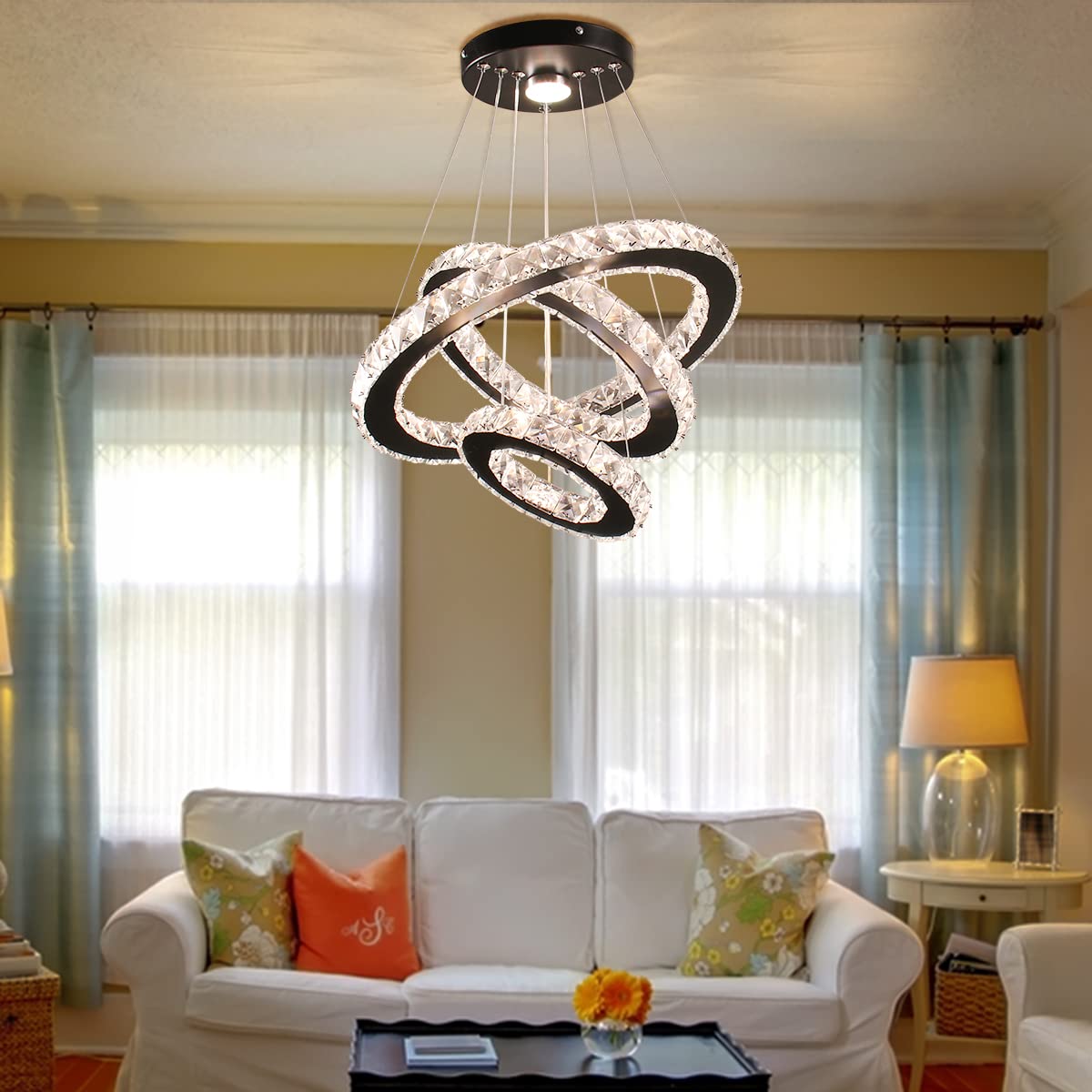 Dimmable Black Modern LED Crystal Chandelier - 3-Tier Ring Pendant Light with Adjustable Height for Dining Room, Bedroom & Living Room | Elegant Ceiling Lighting Fixture for Home Decor & Special Occasions