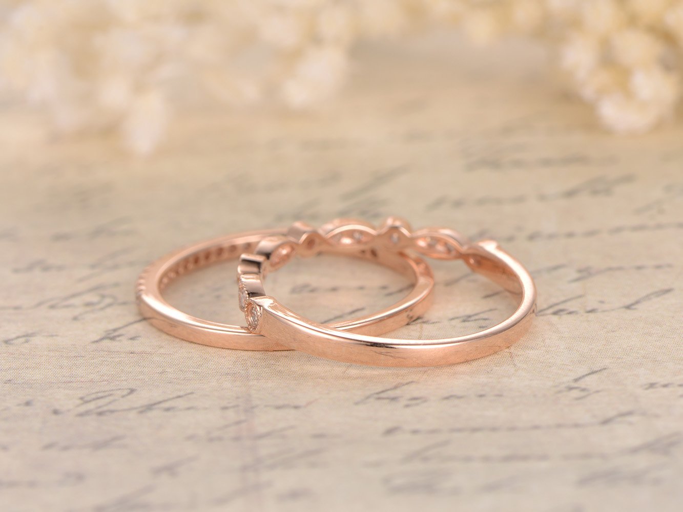 14K Rose Gold Half Eternity Diamond Wedding Ring Set - Anniversary & Stacking Band for Women