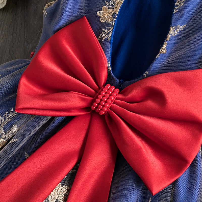 Royal Blue Satin Princess Boat Neck Tea-Length Flower Girl Dress for Weddings & Special Occasions