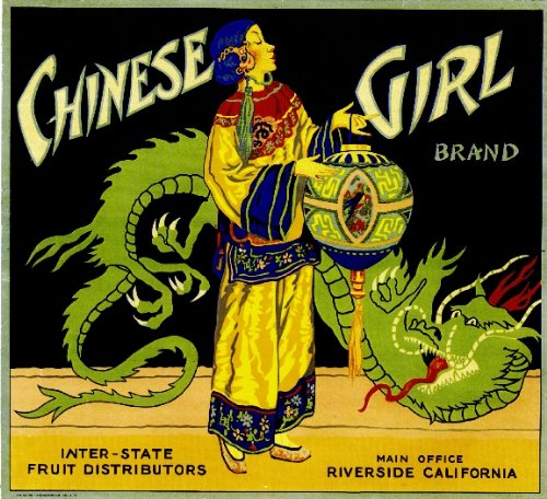 Vintage Riverside Chinese Girl Orange Citrus Fruit Crate Box Label Art Print - Retro Kitchen Decor, Bar Wall Art, Farmhouse Style Home Decoration