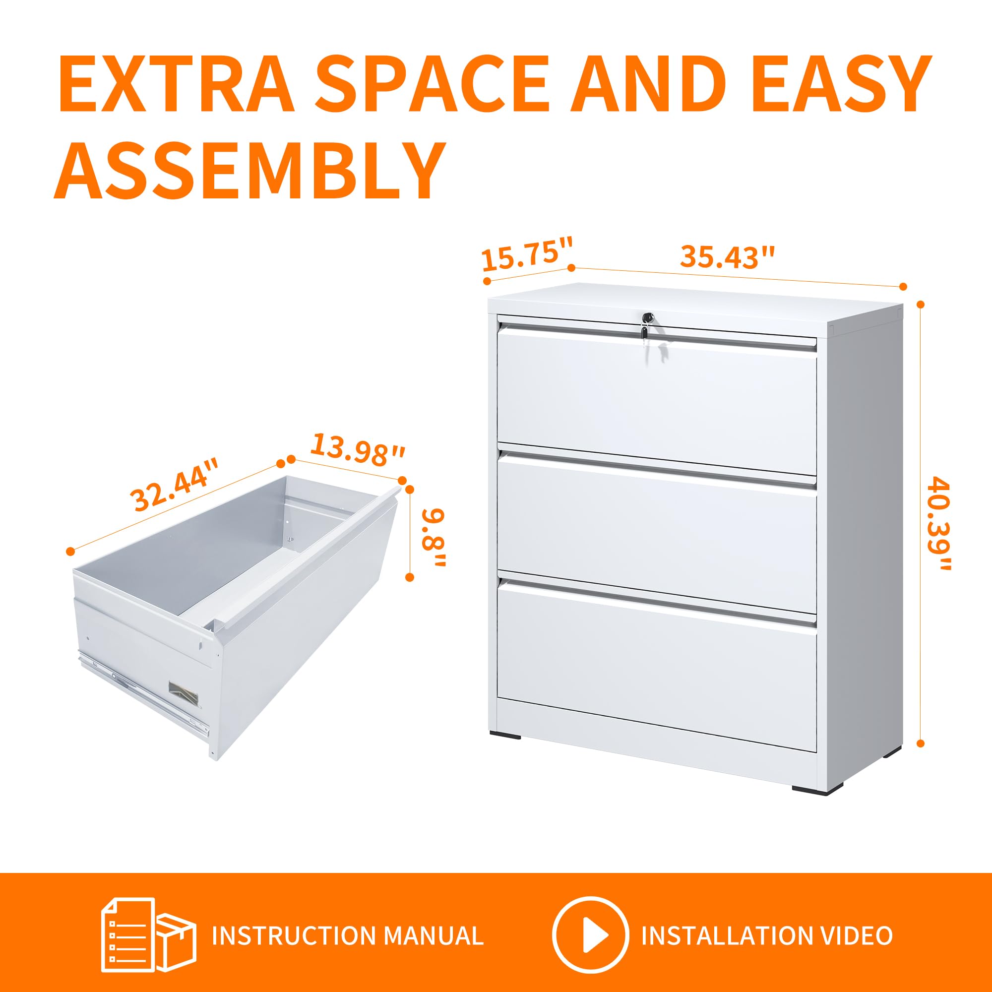 Heavy Duty 3-Drawer Locking Metal Filing Cabinet for Home & Office - Wide Lateral Steel File Cabinet for Legal/Letter Size Documents (Assembly Required) | Perfect for Organizing Files, Records & Office Supplies
