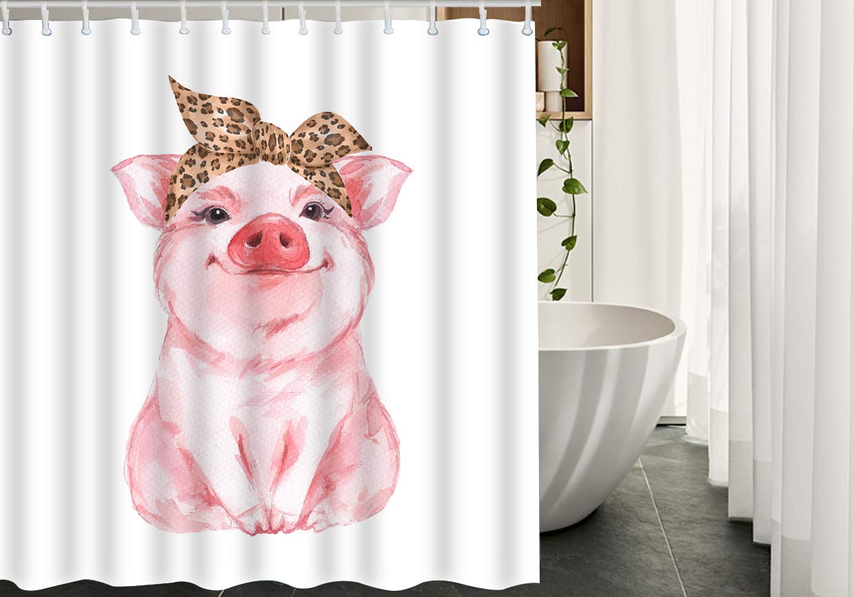 Funny Pig Shower Curtain Set - Cute Farm Animal Design with Leopard Bandana, 66x72 Inch Polyester Bathroom Decor with Hooks - Perfect for Kids' Bathroom, Farmhouse Style Decor & Unique Gift Idea