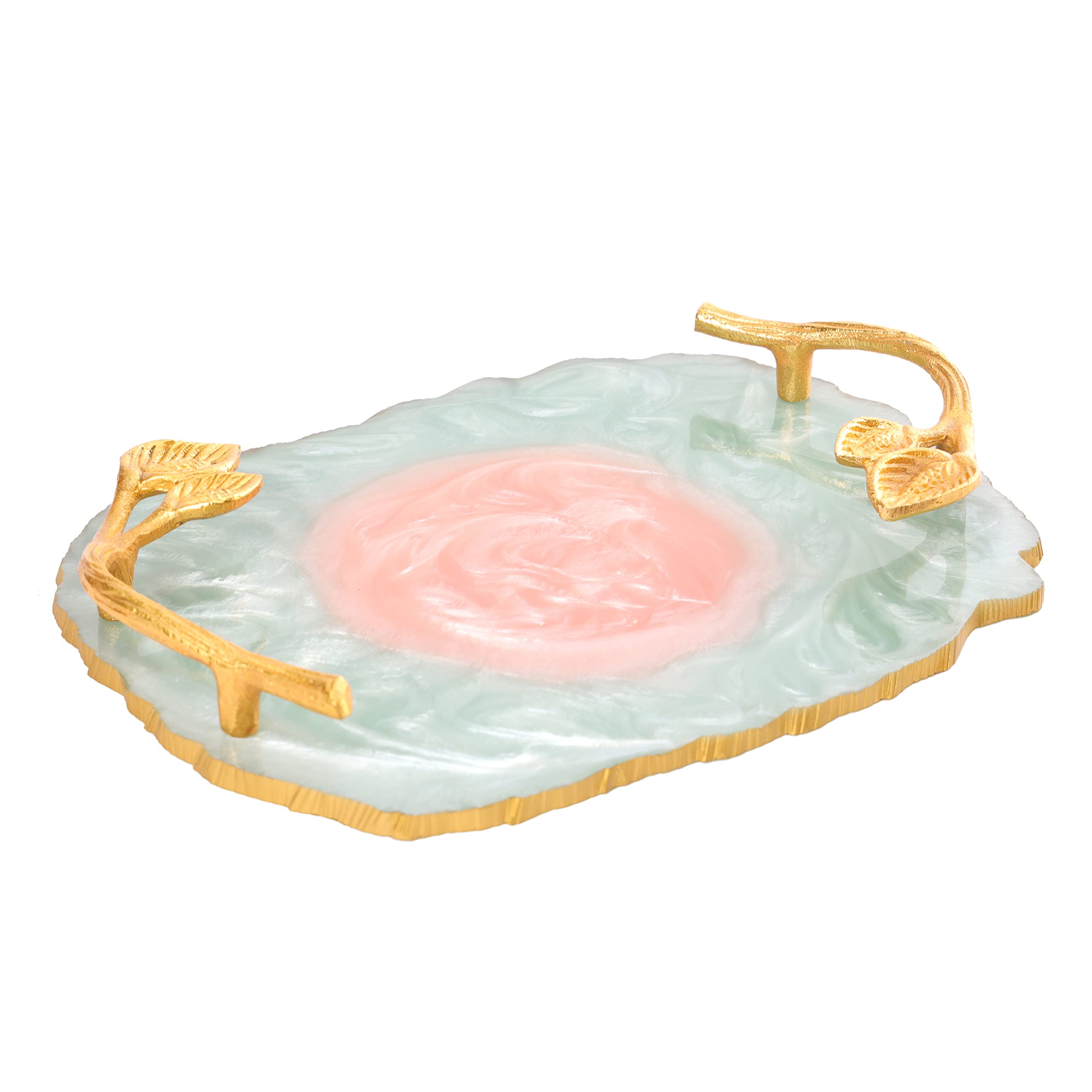 DULI Resin Serving Tray with Golden Handle - Water & Heat Resistant Multipurpose Tray for Dining Table, Coffee Table, and Home Decor - Elegant Aqua-Pink Showpiece Tray for Parties, Breakfast in Bed, and Gift Giving