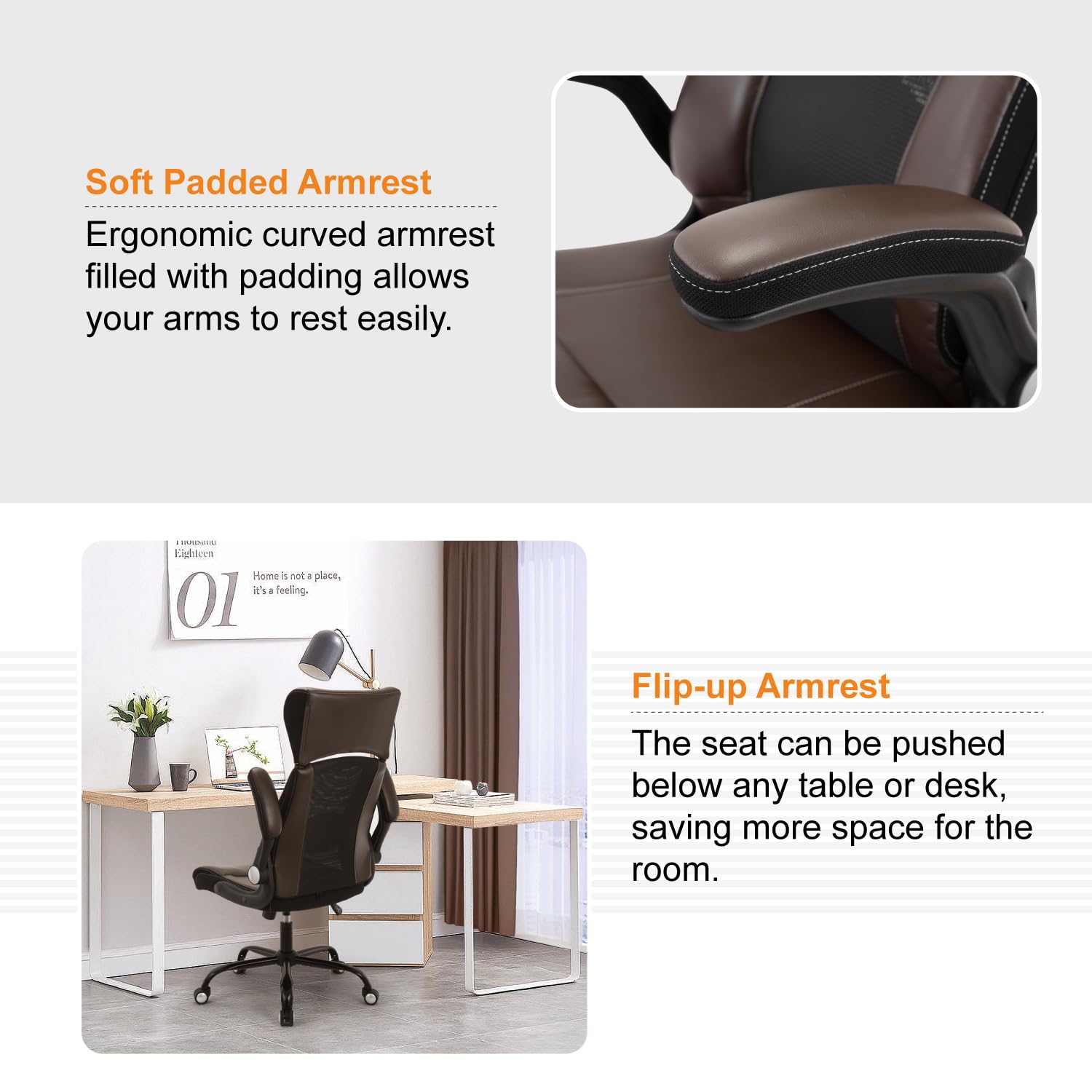Ergonomic Home Office Chair with Adjustable Lumbar Support & Headrest - PU Leather Executive Desk Chair for Computer Work, Gaming & Study - Height Adjustable with Armrests - Perfect for Remote Work & Online Classes (Brown)