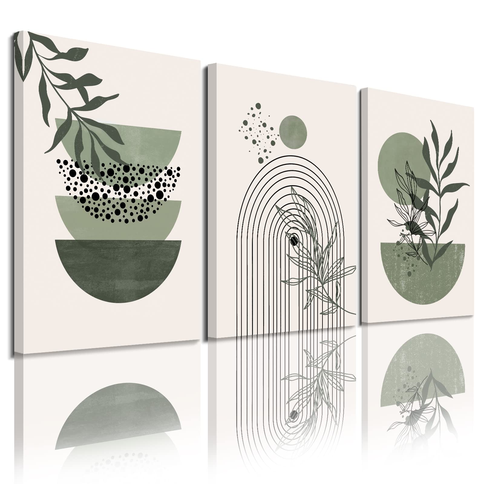 Sage Green Wall Posters & Prints - Set of 3 Boho Minimalist Framed Wall Art with Geometric Line, Leaf, Sun & Moon Designs on Beige Green Canvas Paintings | Perfect for Living Room, Bedroom & Office Decor