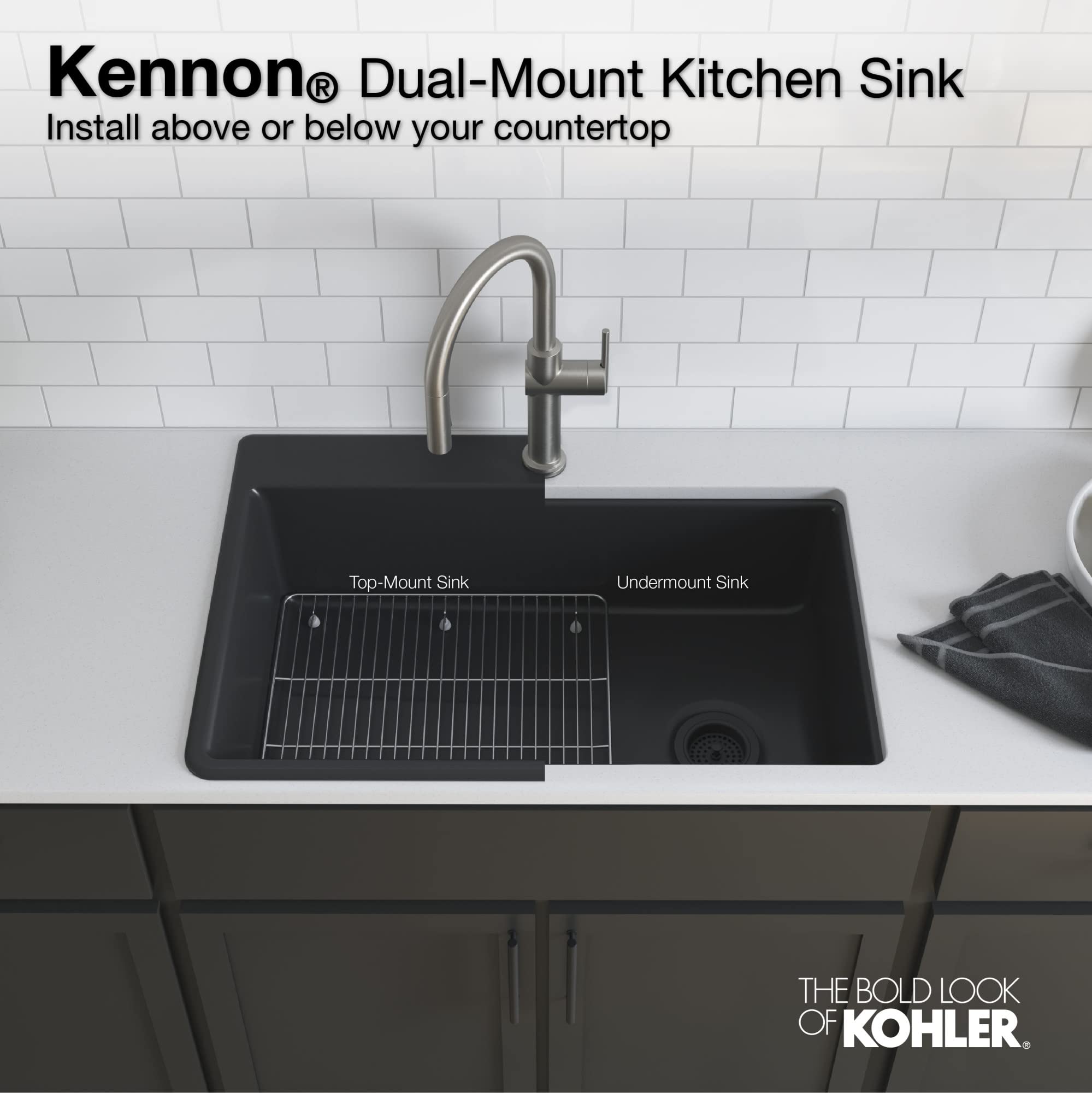 KOHLER 28003-1-CM1 Kennon 25-Inch Undermount or Top Mount Single Bowl Kitchen Sink | Matte Black Composite Utility Sink with Drain Rack | Perfect for Modern Kitchens & Laundry Rooms
