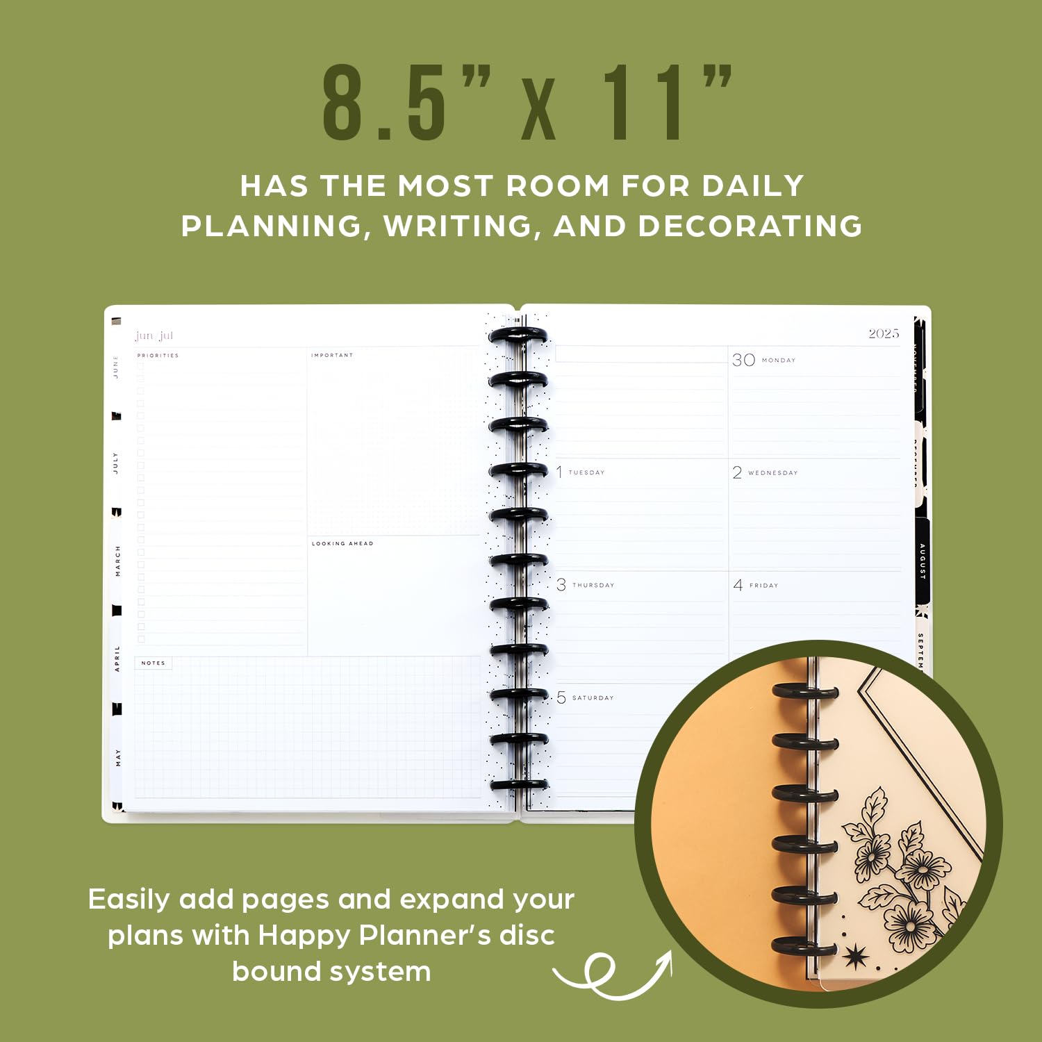 Happy Planner 2025 Disc-Bound 12-Month Planner - Daily Weekly Monthly Organizer with Dashboard Layout, 72 Pages, 12 Dividers & 2 Sticker Sheets - Big Size 8.5