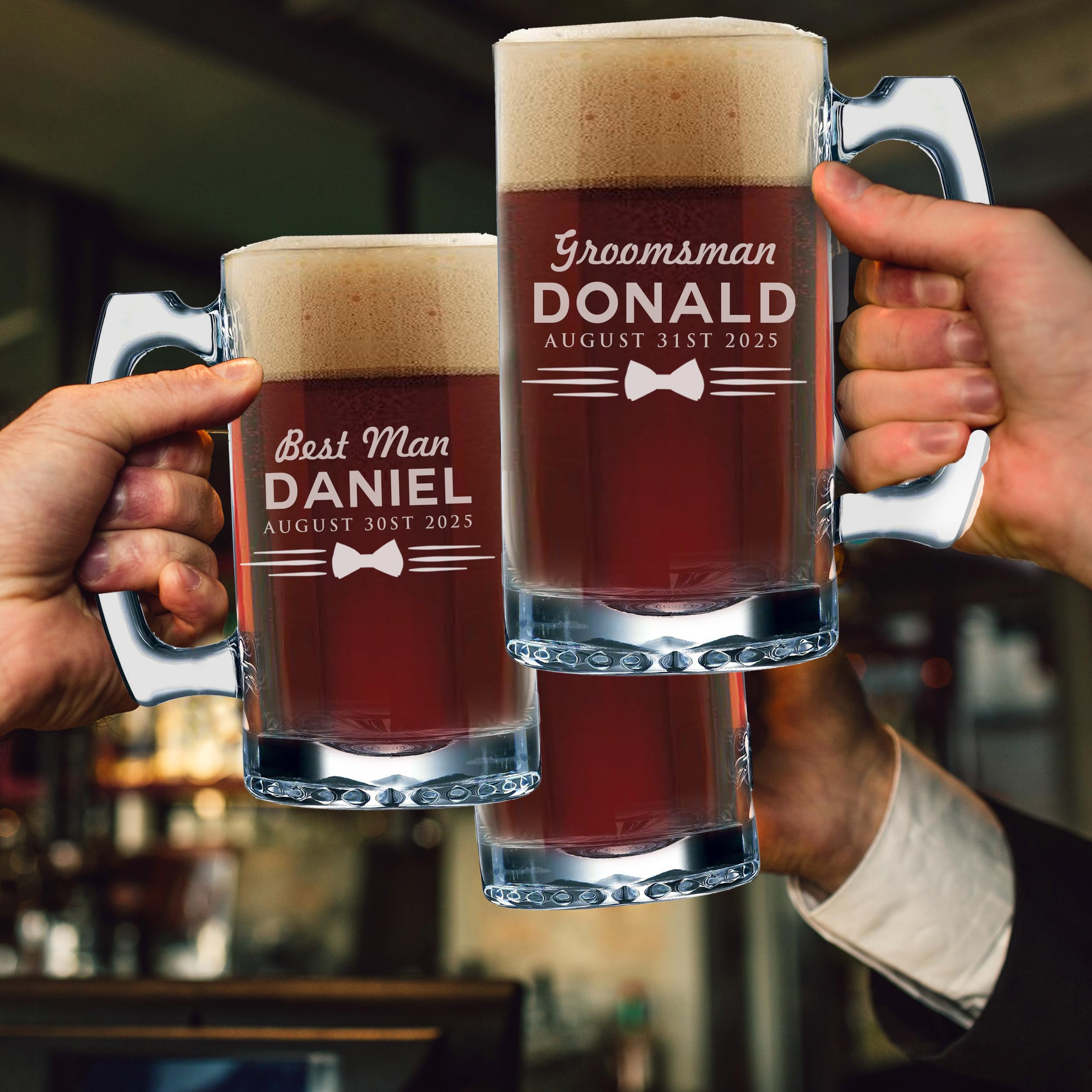 Personalized Groomsmen Beer Mugs Set - Custom Engraved 12oz Uniform Style Glass Mugs for Wedding Party Gifts, Bachelor Party & Man Cave Decor