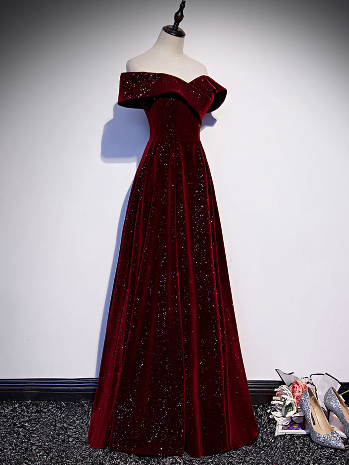 Elegant A-Line Off Shoulder Velvet Burgundy Dress for Women - Perfect for Evening Parties, Date Nights & Special Occasions