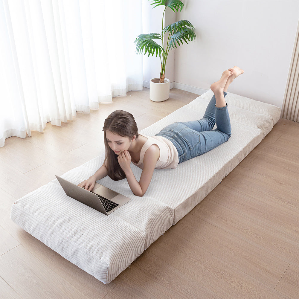 MAXYOYO Folding Sofa Bed - Convertible Corduroy Floor Sofa in Beige | Space-Saving Guest Bed & Lounge Chair for Small Apartments, Dorms & Living Rooms