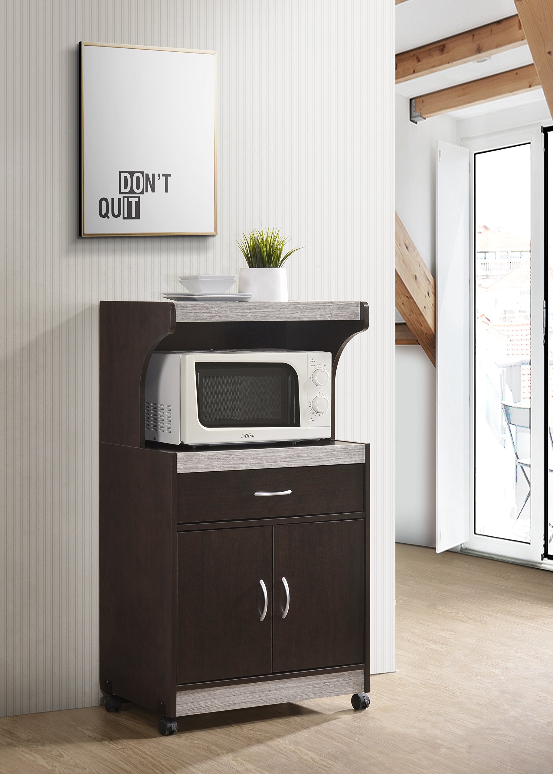 Hodedah Microwave Kitchen Cart with Storage Shelf - Chocolate Grey Finish, Compact Rolling Cart for Small Spaces, Perfect for Kitchen, Dorm, or Office Use