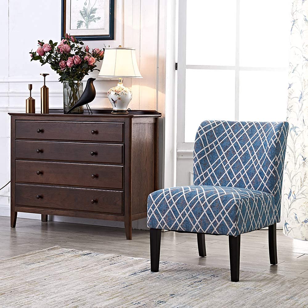 Modern Accent Chair - Blue Stripes Polyester Fabric Upholstered, Urban Style Armless Dining Side Chair with Solid Wood Legs (Set of 2) - Perfect for Kitchen, Living Room, Home Office & Small Space Decor