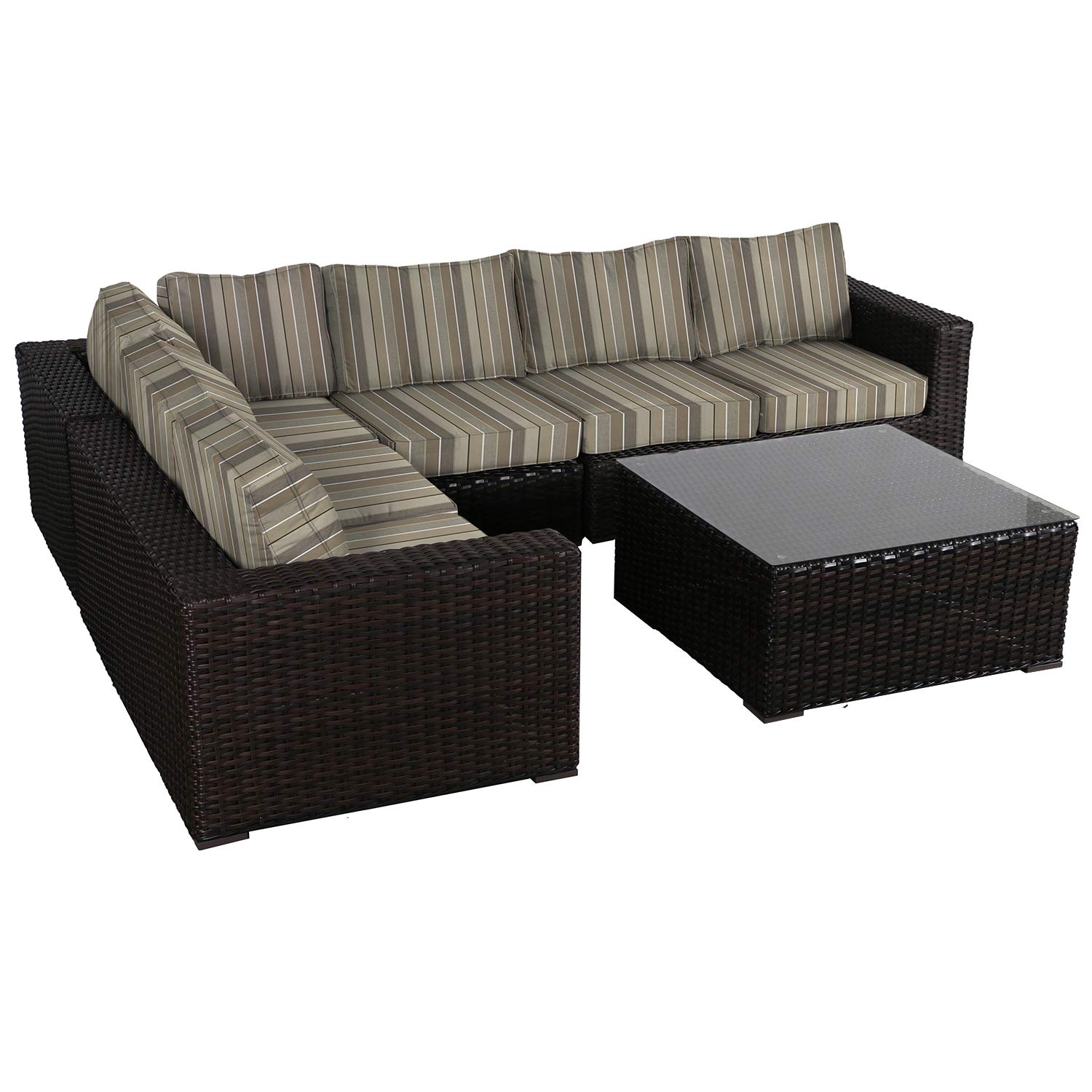 Santa Monica Outdoor Patio Furniture - 7-Piece Wicker Rattan Sectional Sofa Set with Glass Coffee Table & Milano Char Sunbrella Cushions - Weather-Resistant Garden, Poolside & Backyard Lounge Set
