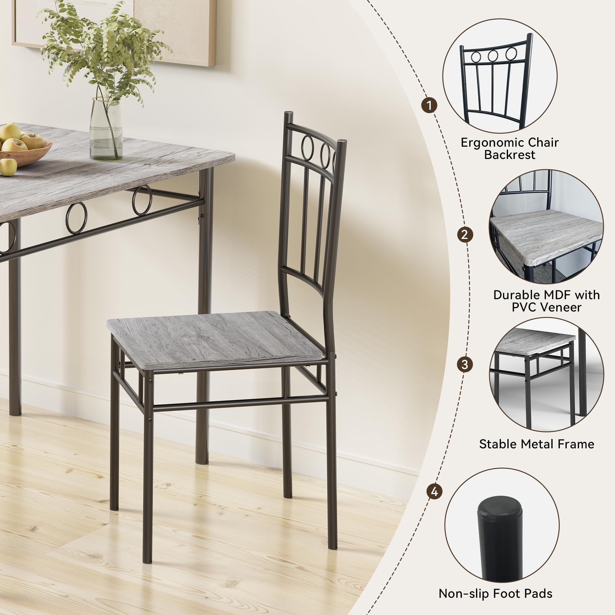 5-Piece Retro Grey Dining Table Set for 4 - Space-Saving Rectangular Kitchen Table with 4 Chairs - Perfect for Small Spaces, Apartments & Dinettes | Ideal for Family Meals, Dinner Parties & Cozy Breakfasts