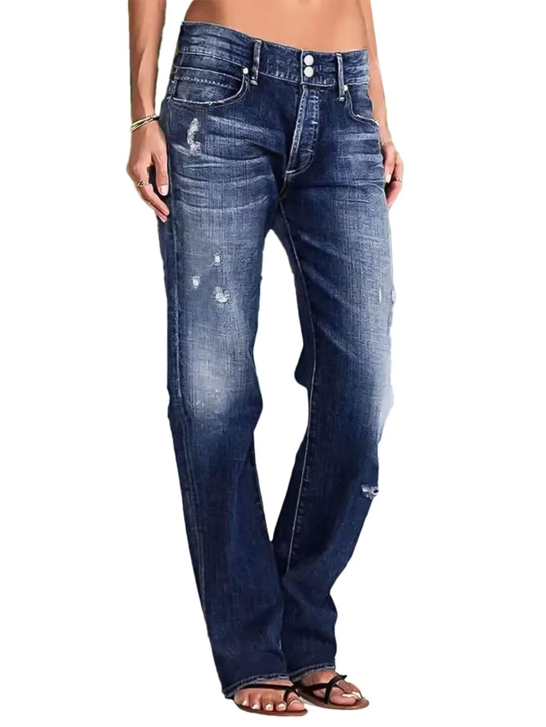 Flamingals Women's Low Rise Straight Leg Stretchy Ripped Raw Hem Denim Jeans - Casual Comfort for Everyday Wear, Date Night & Weekend Outings