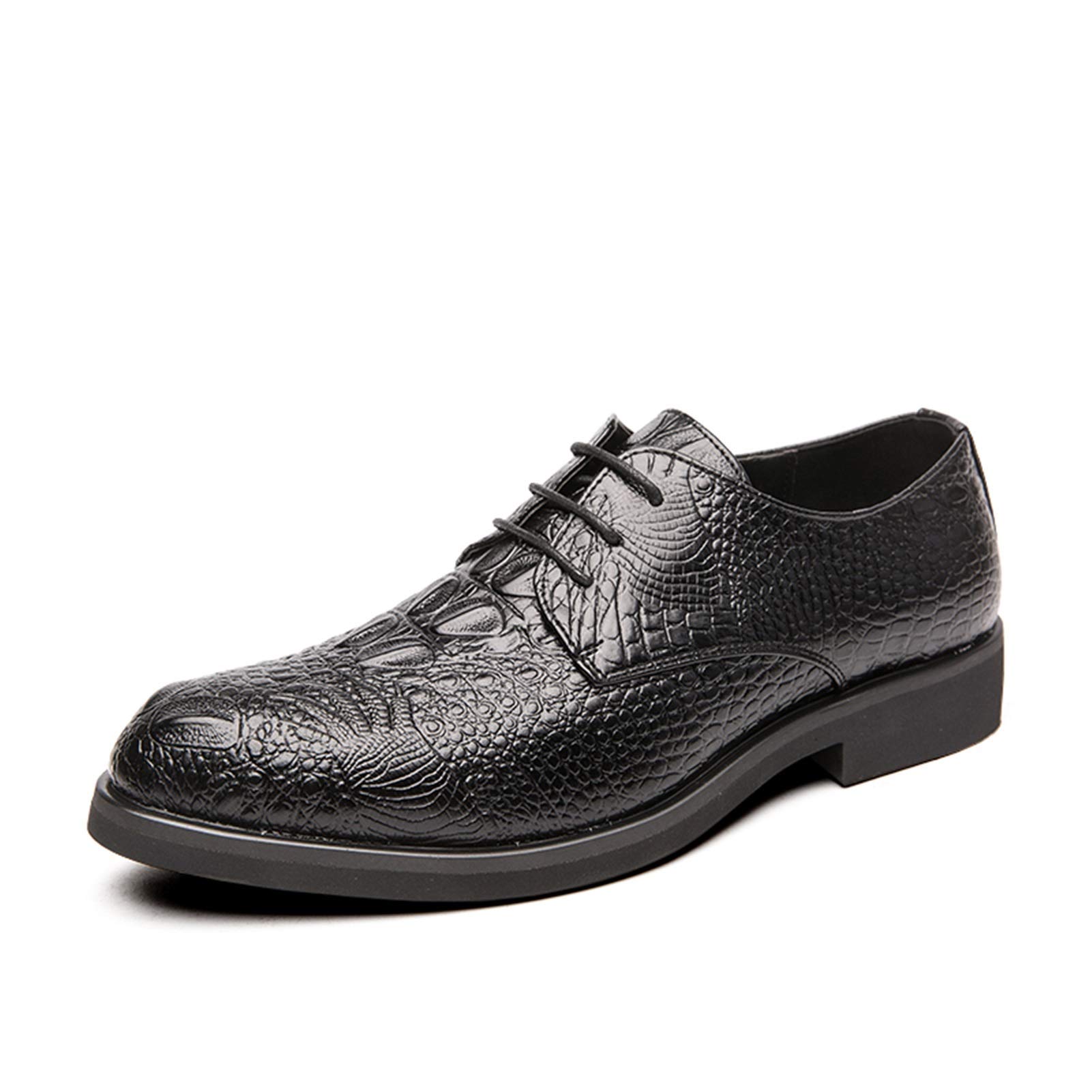 Men's Classic Oxford Dress Shoes - Shiny Business Formal Shoes with Crocodile Embossed Faux Leather & Round Toe | Lace-Up High Heels for Office, Wedding & Special Occasions (Black, Size 38 EU)