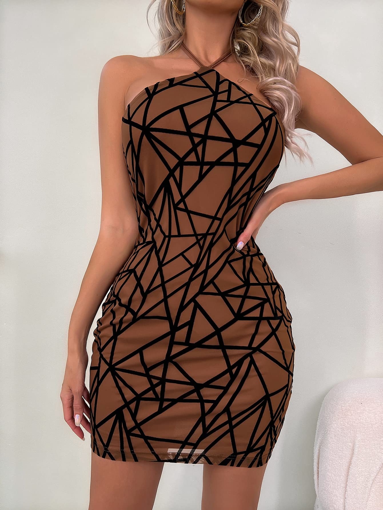 FDSUFDY Women's 2022 Geo Print Tie Backless Bodycon Dress - X-Small | Sexy Clubwear, Night Out & Party Dress