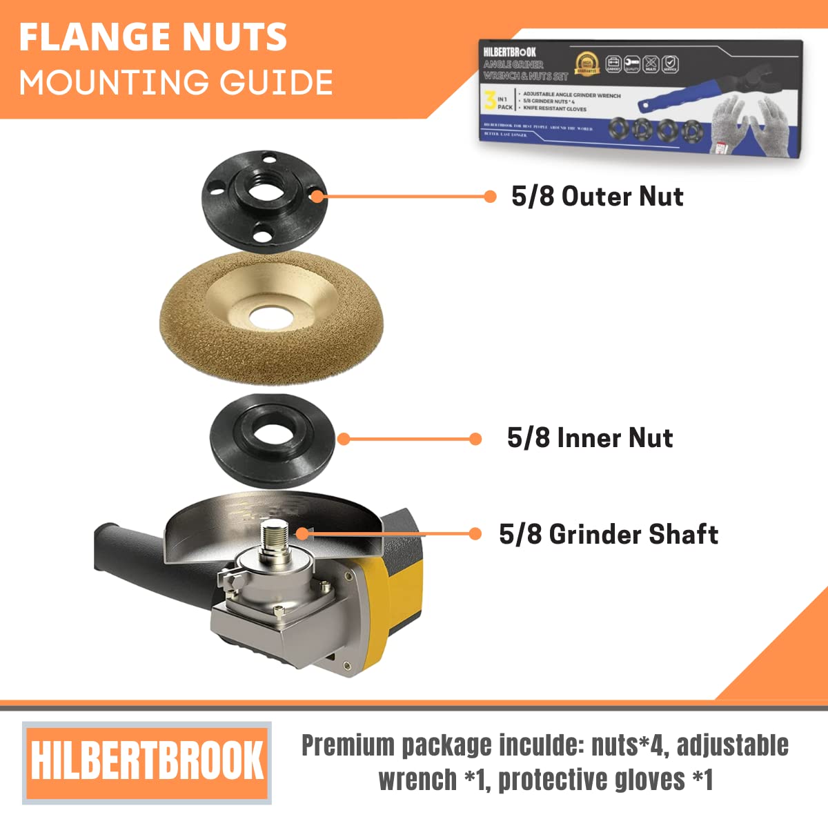 5/8-11 Grinder Wrench & Shaft Nut Set (4 Pcs) - Compatible with Makita, Milwaukee, Dewalt, Metabo, Bosch, Ryobi & Black+Decker Angle Grinders (4.5-5 Inch) - Includes Protective Gloves - Perfect for Angle Grinder Maintenance & Metalworking Projects