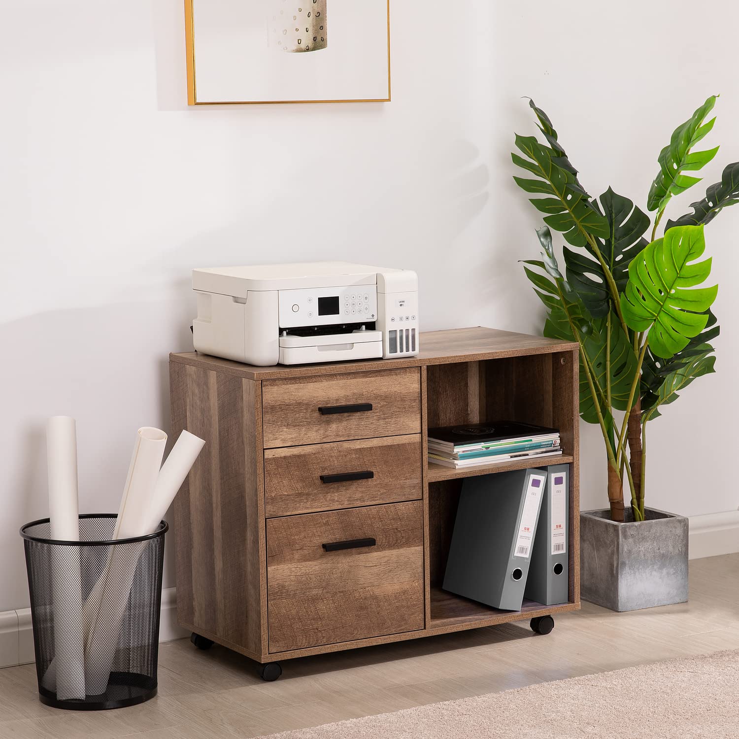 Wooden File Cabinet for Home Office - 3 Drawer Lateral File Cabinet with 2 Shelves, Mobile Storage Cabinet in Walnut Finish | Perfect for Document Organization in Small Spaces, Home Offices & Workspaces