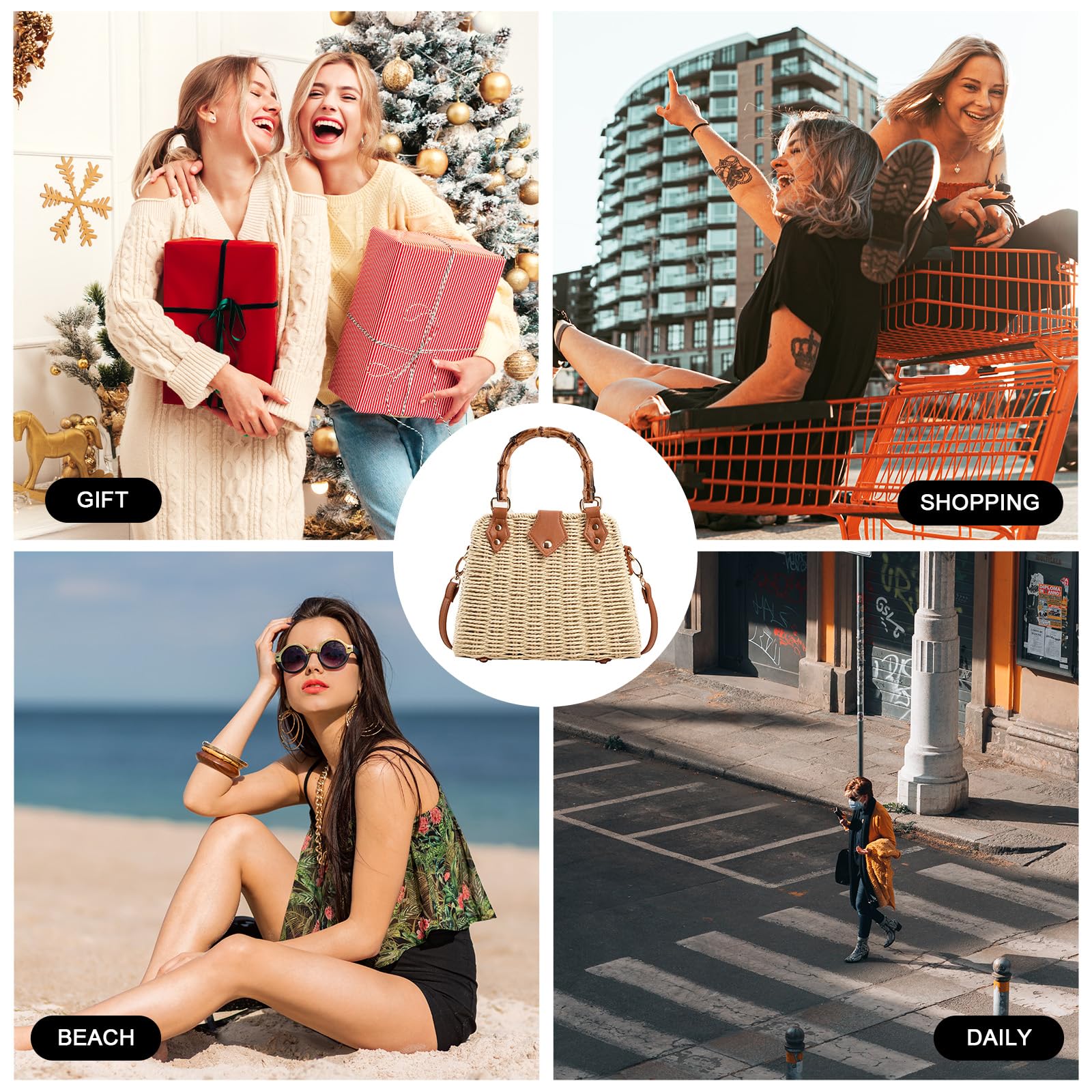 Trendy Straw Tote Bag for Women - Summer Woven Crossbody Wicker Purse with Bamboo Handle | Beach, Picnic & Shopping Accessory