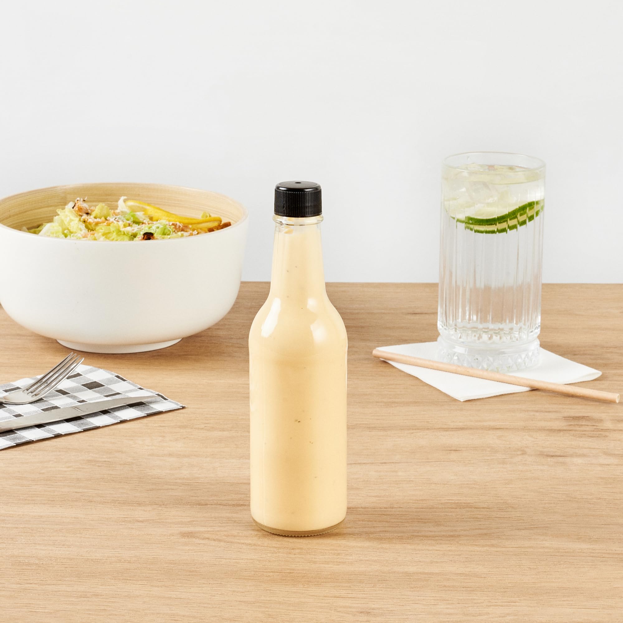 **Vetri 9 oz Clear Glass Woozy Bottles with Black Caps - 10-Pack Dishwasher Safe Empty Sauce Bottles for Hot Sauce, Salad Dressing, BBQ, Oil, Tinctures - Perfect for Restaurants, Catering & Home Kitchens**