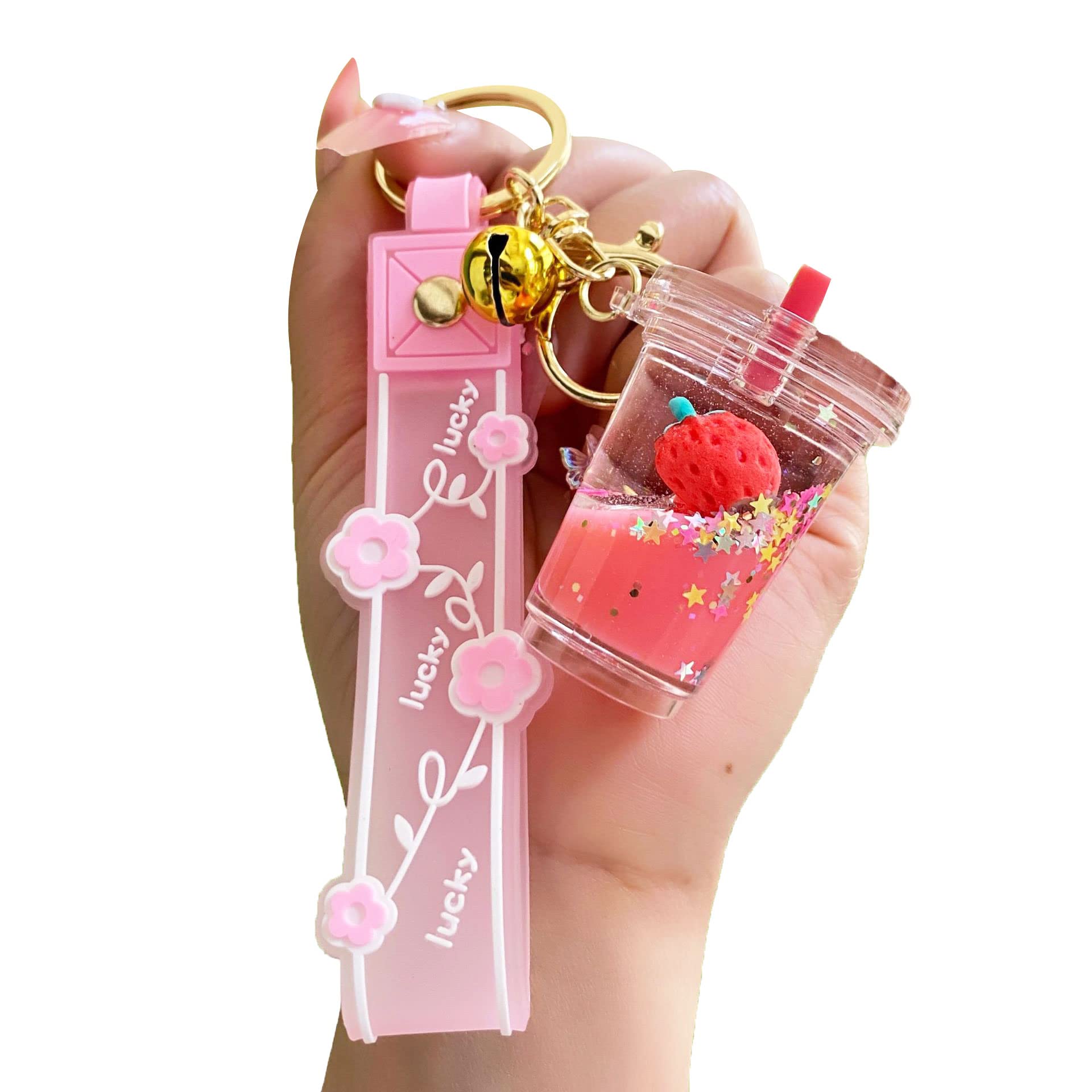 HSYHERE Floating Strawberry Milk Tea Cup Keychain - Cute Bubble Tea Pendant Keyring with Flower Strap for Girls & Women | Perfect for Backpacks, Purses, and Gift Giving
