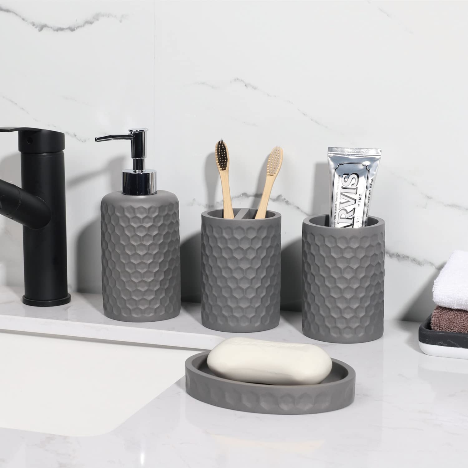 6-Piece Grey Bathroom Accessory Set - Includes Trash Can, Toothbrush Holder, Cup, Soap Dispenser, Soap Dish & Toilet Brush with Holder | Modern Light Gray Bathroom Organization for Home & Apartment