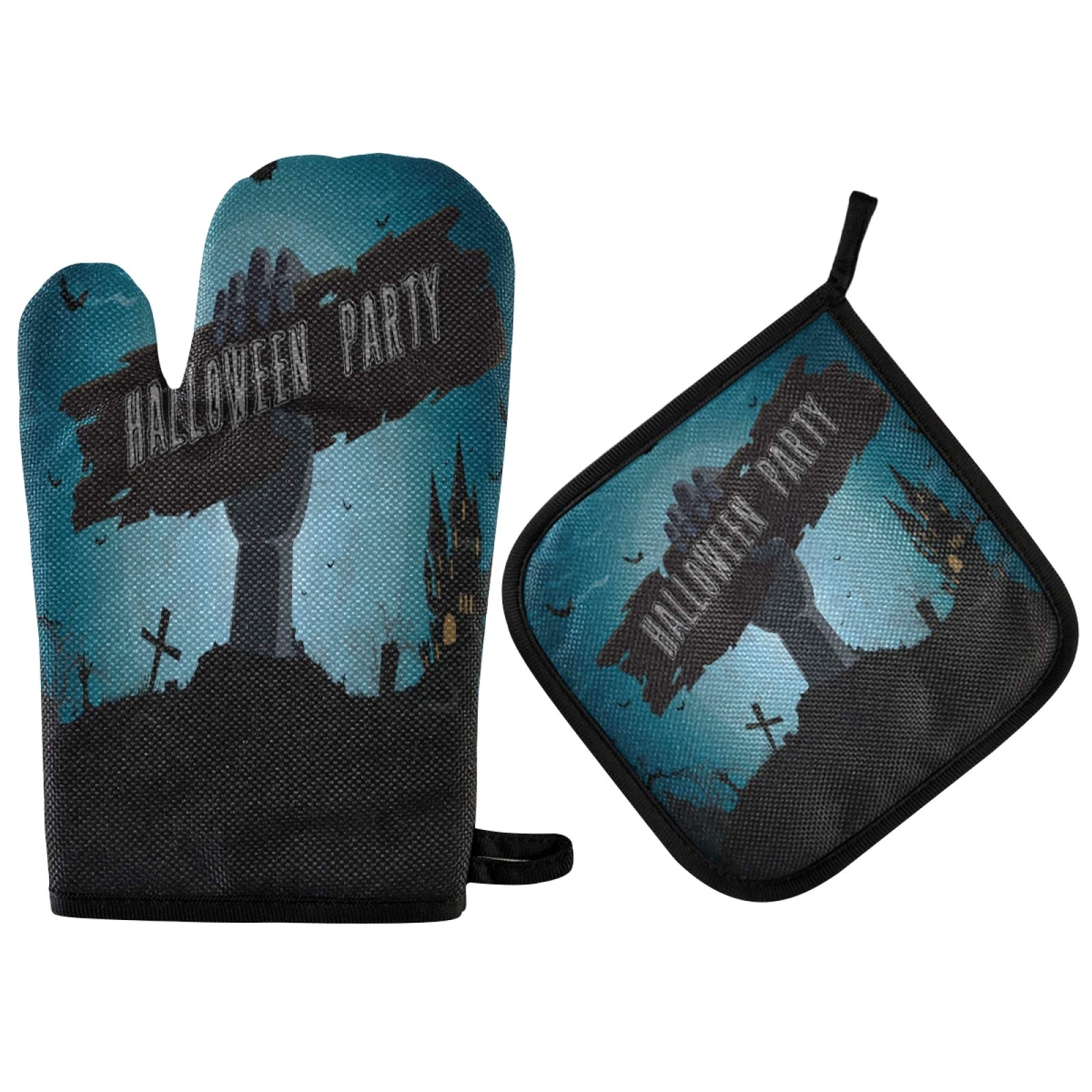 Heat Resistant Halloween Zombie Hand Oven Mitts & Pot Holder Set - Kitchen Gloves for Cooking, Baking, Grilling (Microwave Safe) - Perfect for Halloween Parties, BBQ Gatherings & Spooky Kitchen Decor