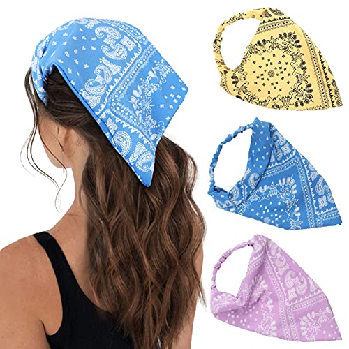 3 Pack Floral Elastic Hair Scarf Headband - Chiffon Hair Kerchief & Bandanas with Hair Clips for Women (Purple, Yellow, Blue) - Perfect for Summer, Beach, Yoga and Everyday Fashion Accessories
