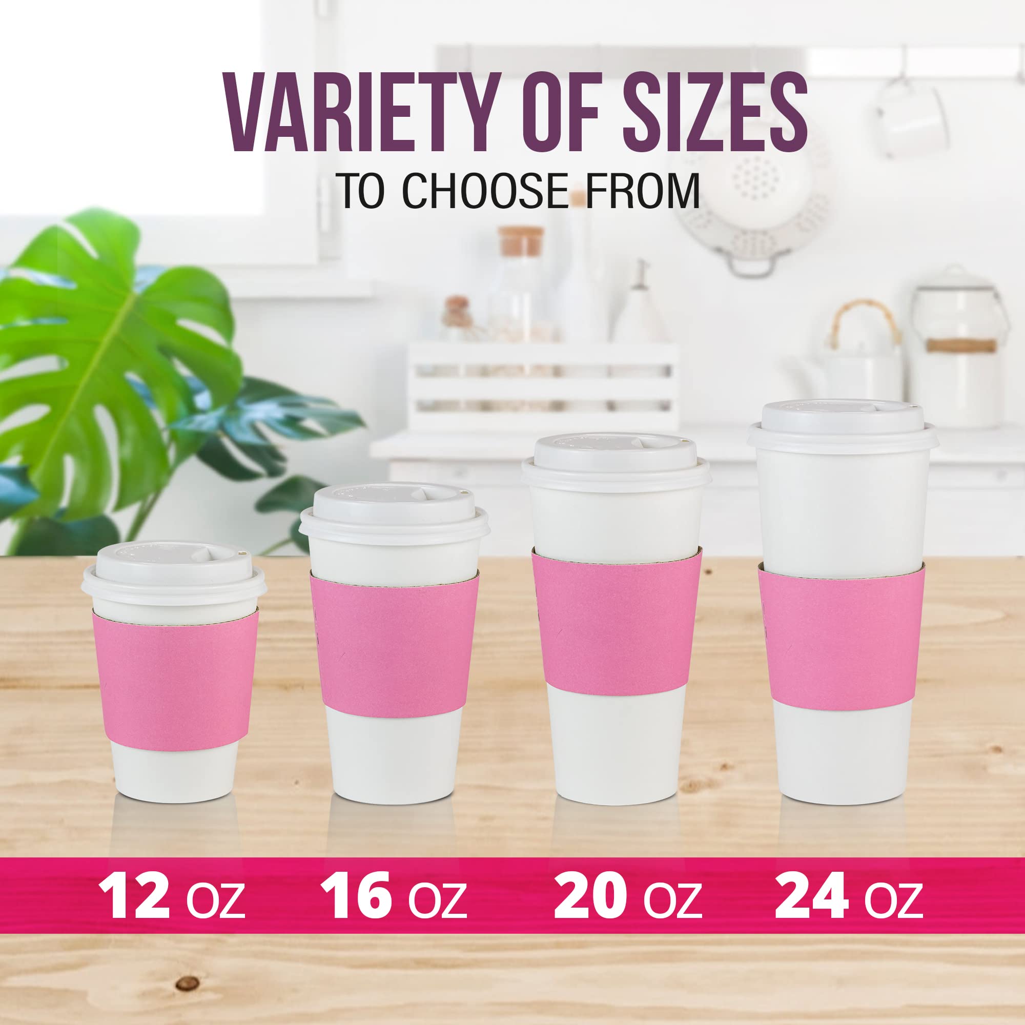 500 Pack 16oz Disposable Coffee Cups with Lids & Pink Sleeves - Lead-Free Sturdy To-Go Hot Paper Cups for Coffee, Tea, Hot Chocolate - Perfect for Parties, Weddings, Birthdays, Office & Cafes (White Lids)