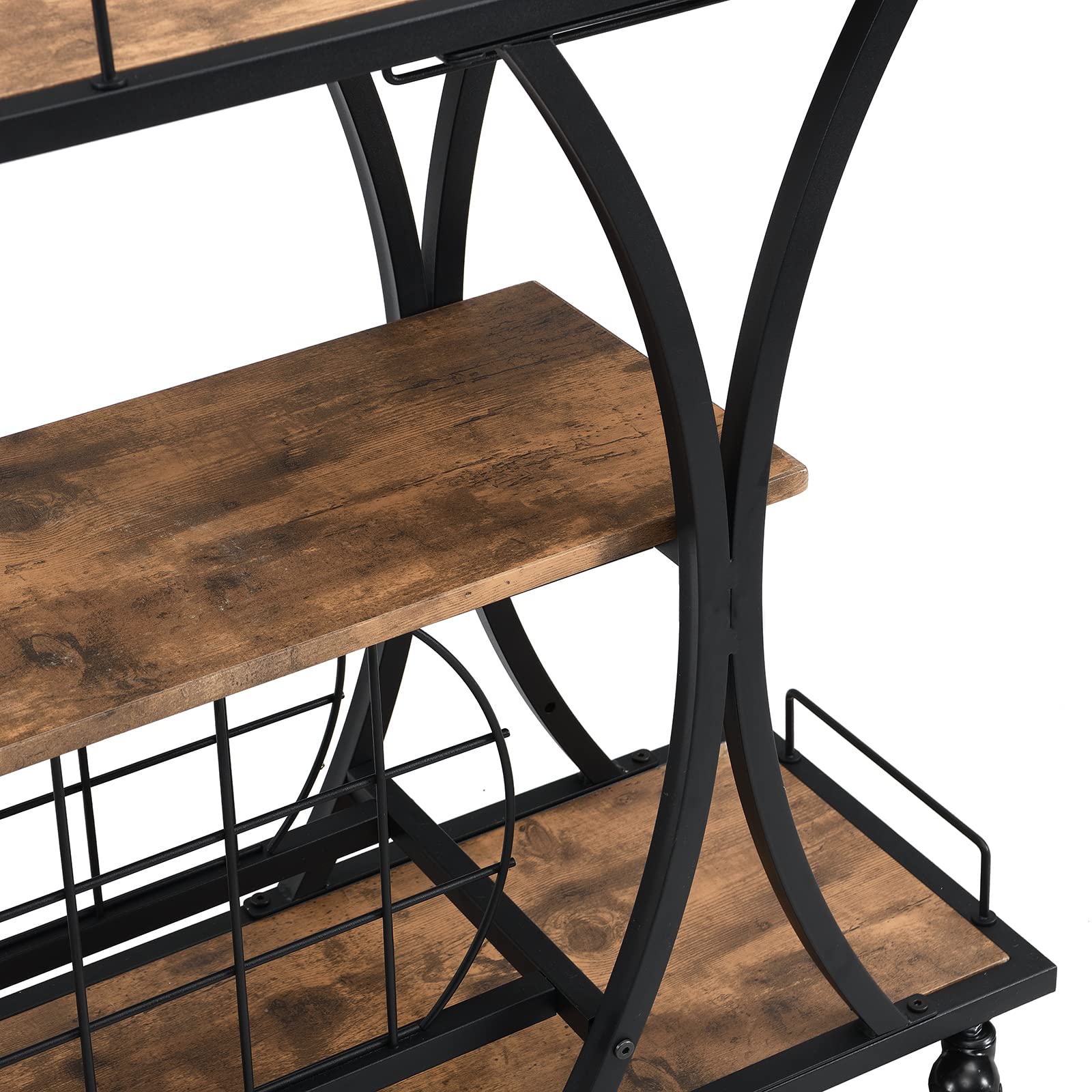 Industrial Bar Cart with Wine Rack & Wheels - Rustic Brown Black Wooden Metal Frame Mobile Serving Cart for Home, Holds 11 Bottles & 16 Glasses (44.09