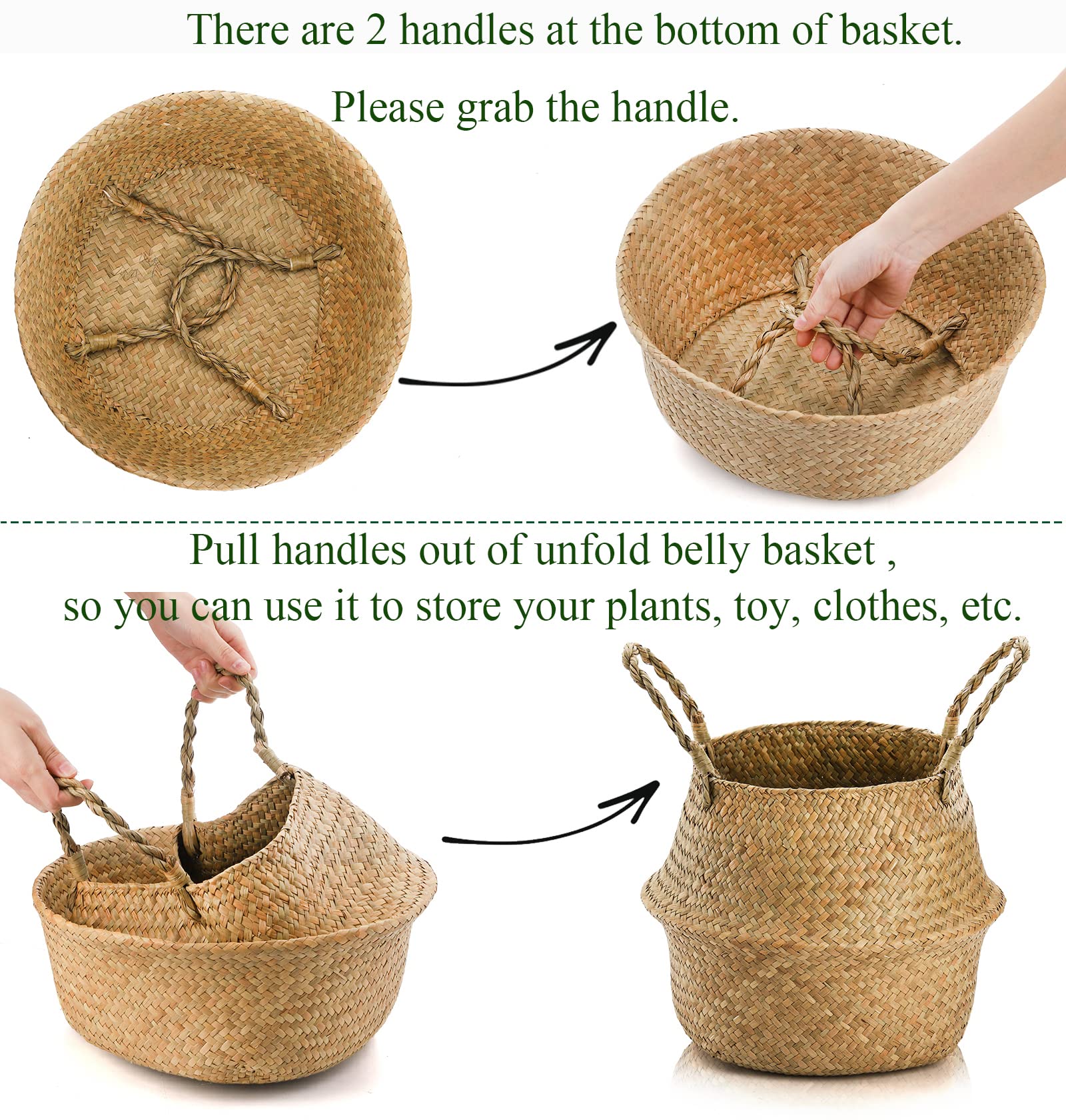 Yesland 2-Pack Woven Seagrass Baskets with Handles - Storage for Laundry, Plants & Picnic