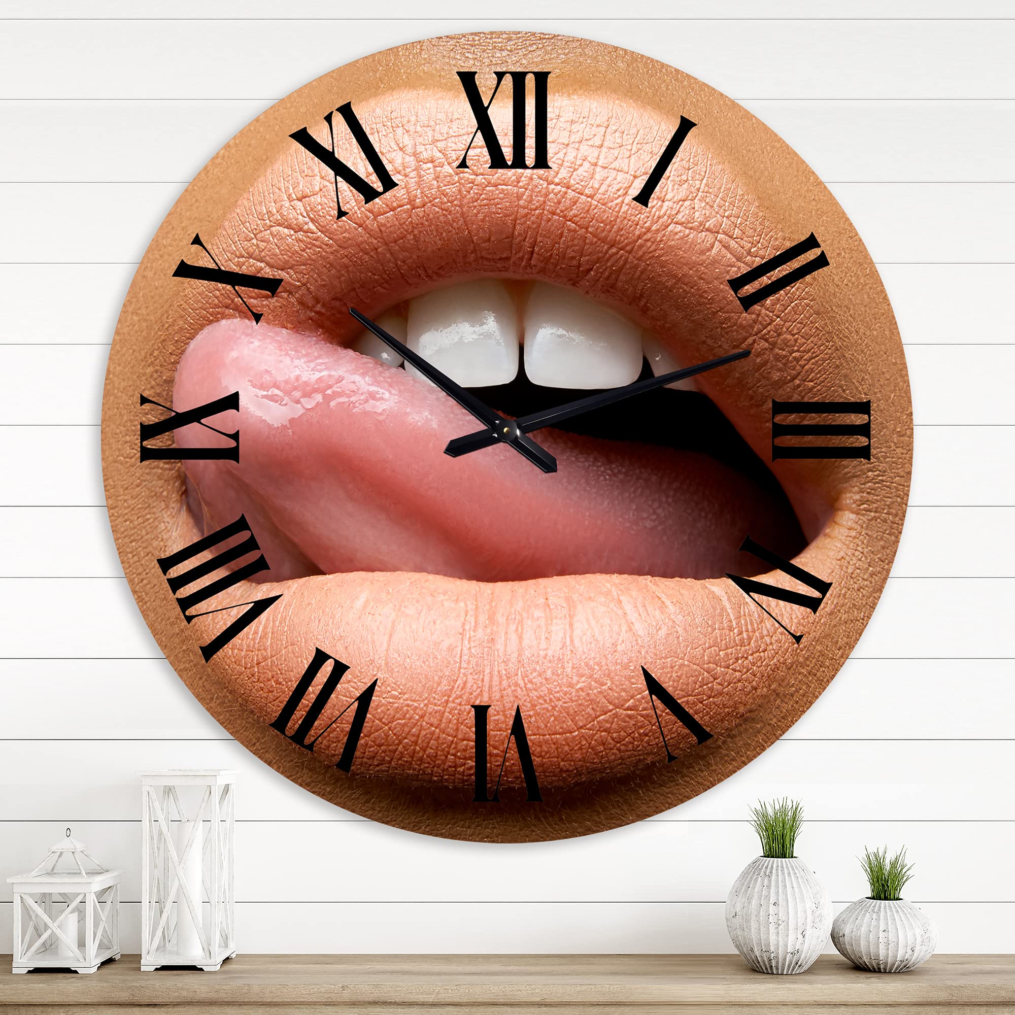DesignQ Modern Wall Clock - Beautiful Dark-Skinned Female Lips with Tongue - Large Decorative Clock for Living Room, Bedroom, Office | Unique Home Decor & Stylish Wall Art Gift Idea