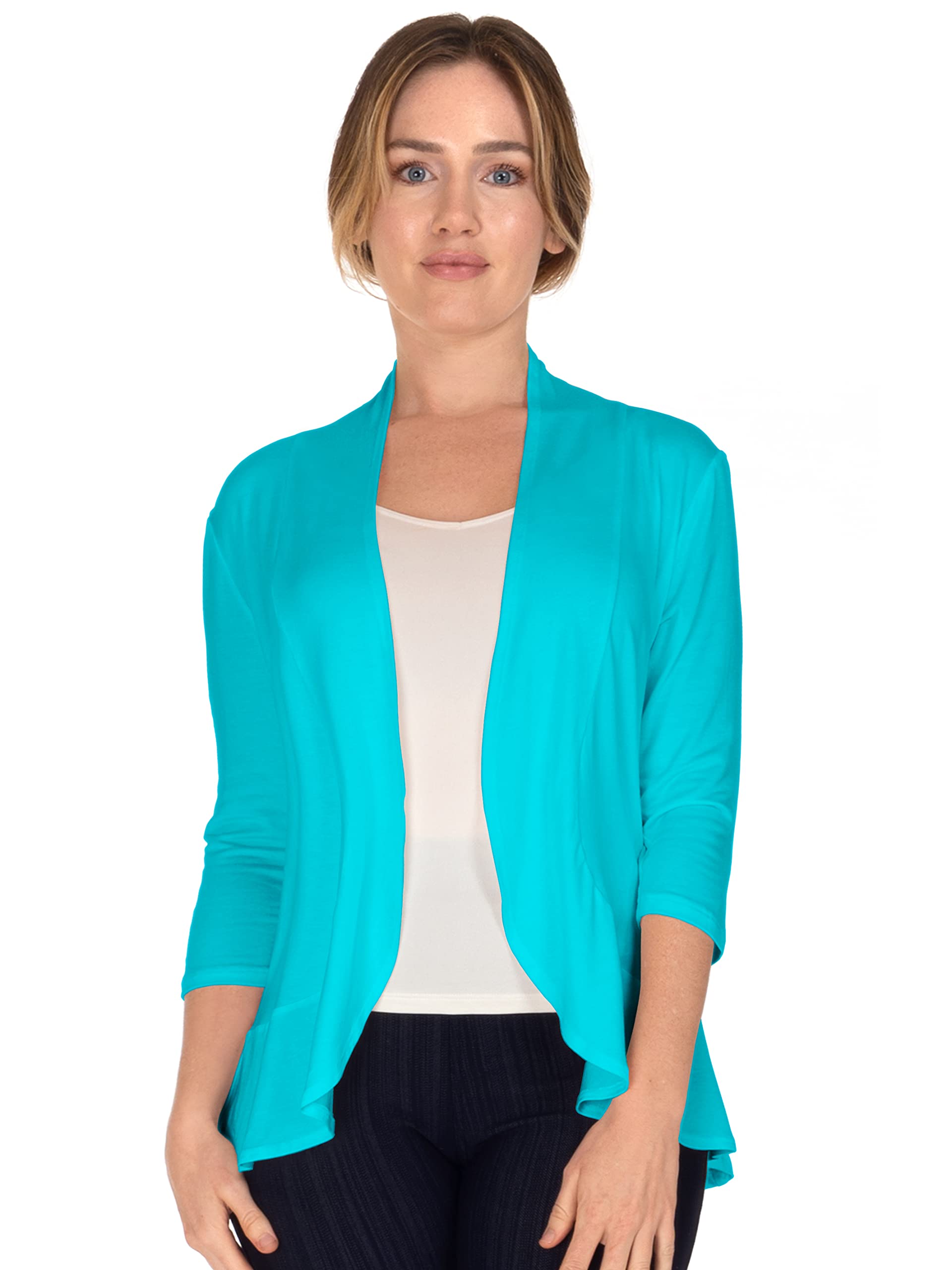Women's 3/4 Sleeve Ruffle Cardigan Sweater - Medium Size Mint Green Lightweight Knit Open Front Cover Up for Spring/Summer Fashion, Office Wear & Casual Outfits