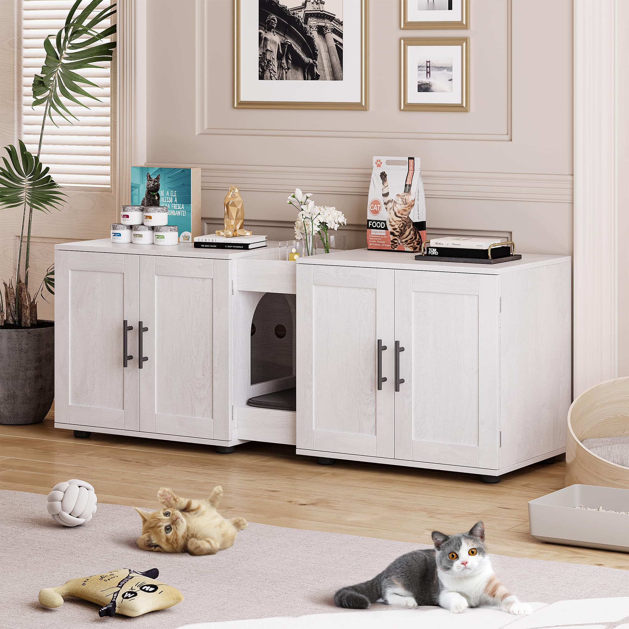 Gaomon Wooden Cat Litter Box Enclosure Furniture - Double Cage Hidden Litter Box House for 2 Cats, 55