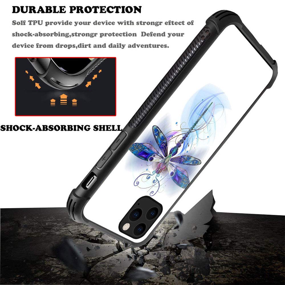 Premium Shockproof iPhone 12 Pro Max Case with Tempered Glass Back & Soft TPU Bumper - Blue Dragonfly Design Protective Cover for Everyday Use, Travel & Outdoor Activities