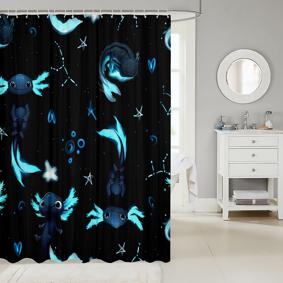 Cute Axolotl Shower Curtain Set - Black & Blue Waterproof Bathroom Decor for Kids & Adults | Kawaii Animal Print | 72x72 Inch | Perfect for Bathrooms, Dorms, and Themed Rooms