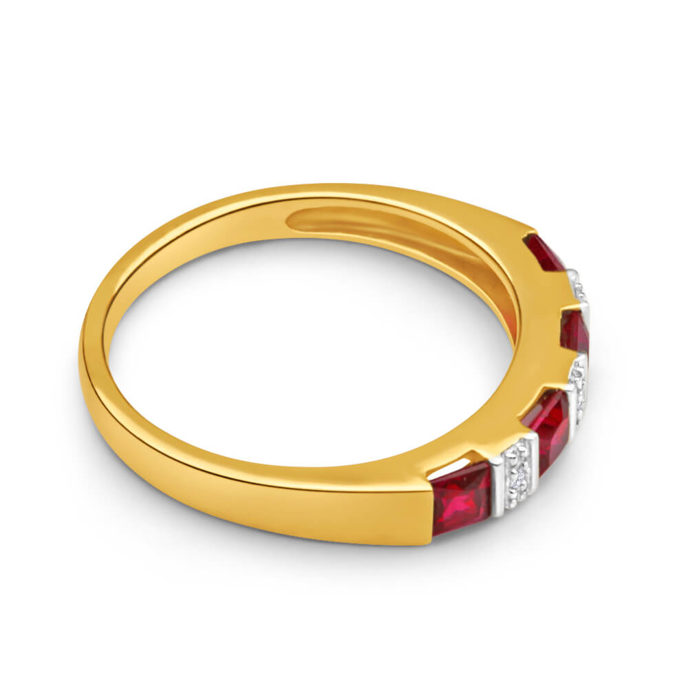 9ct Yellow Gold 4 Created Ruby Diamond Ring for Women - Elegant Vintage Style Engagement & Wedding Jewelry Gift - Perfect for Anniversary, Proposal & Special Occasions