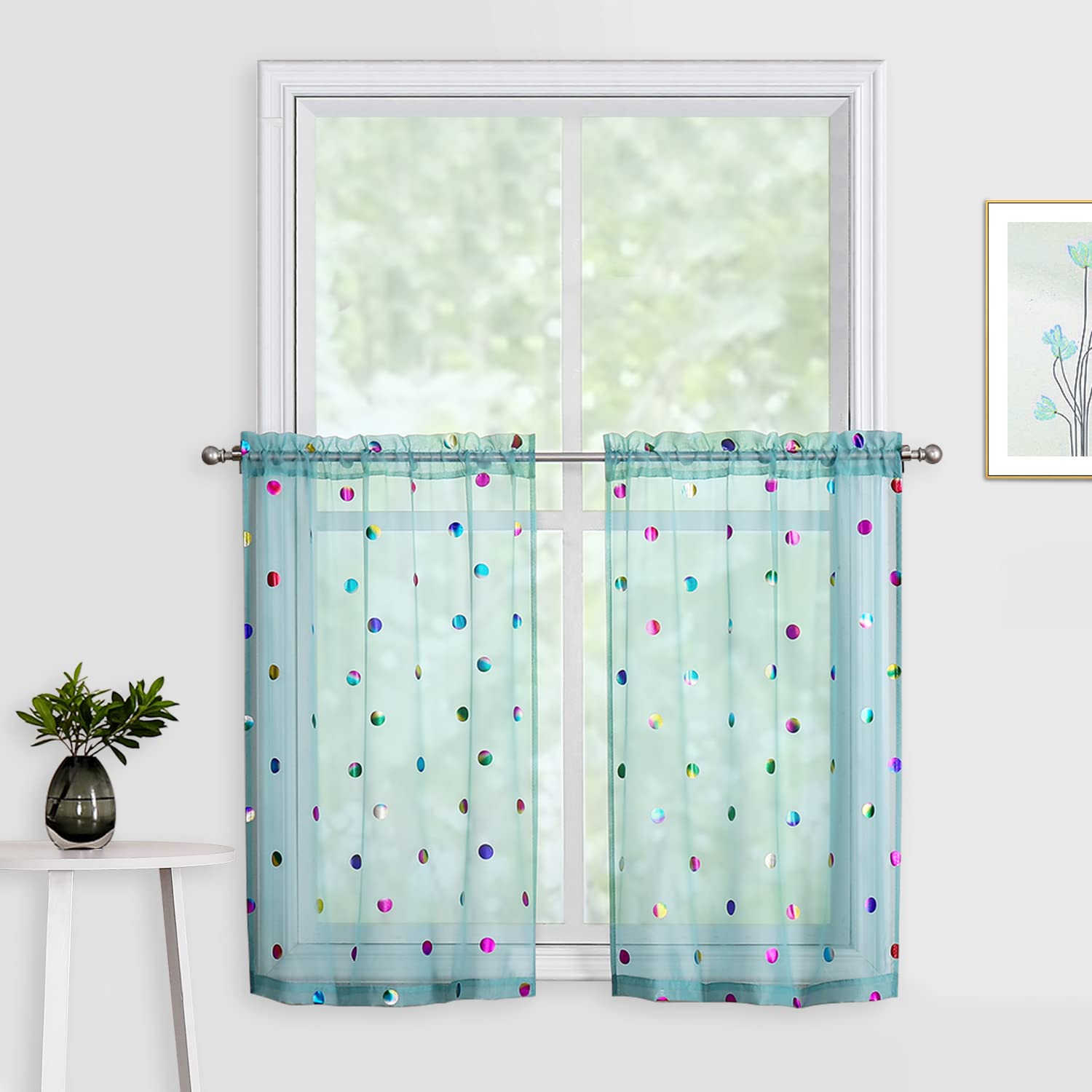 Blue Semi-Sheer Ties Kitchen Curtains 45