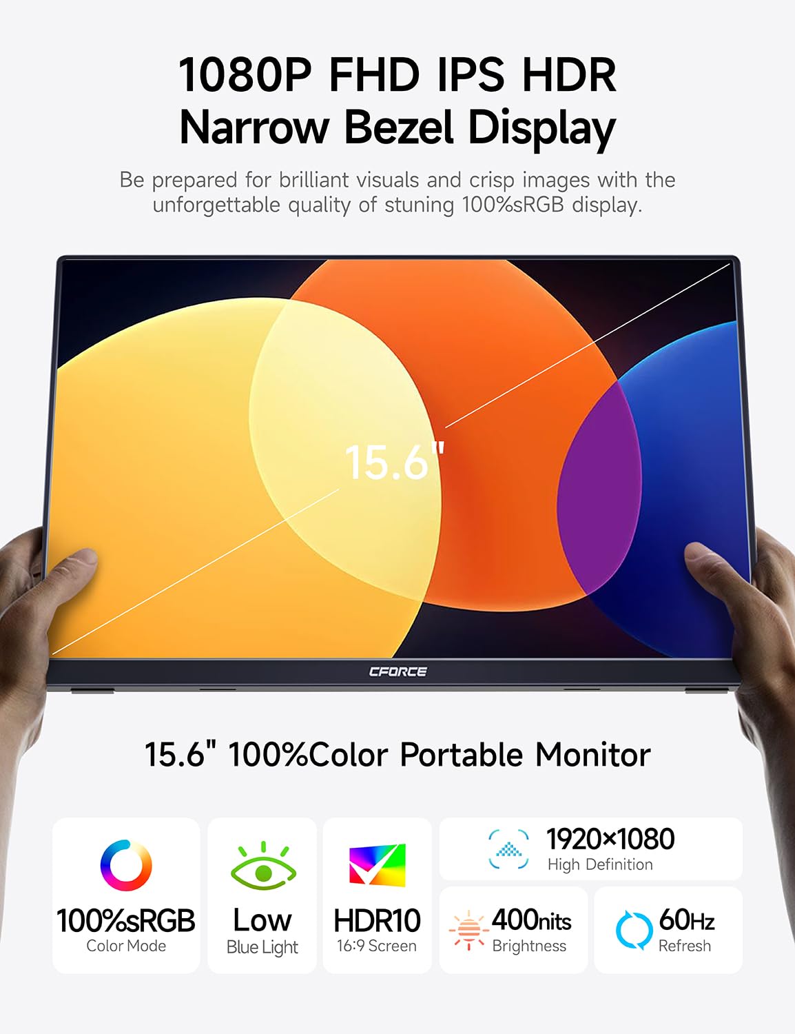C-Force 15.6'' IPS Portable Monitor with 100% sRGB, USB-C, HDR, Built-in Speakers, Second External Display for Laptop, Mac, Phone, PS5, Xbox, Switch - Ideal for Gaming, Work, and Travel