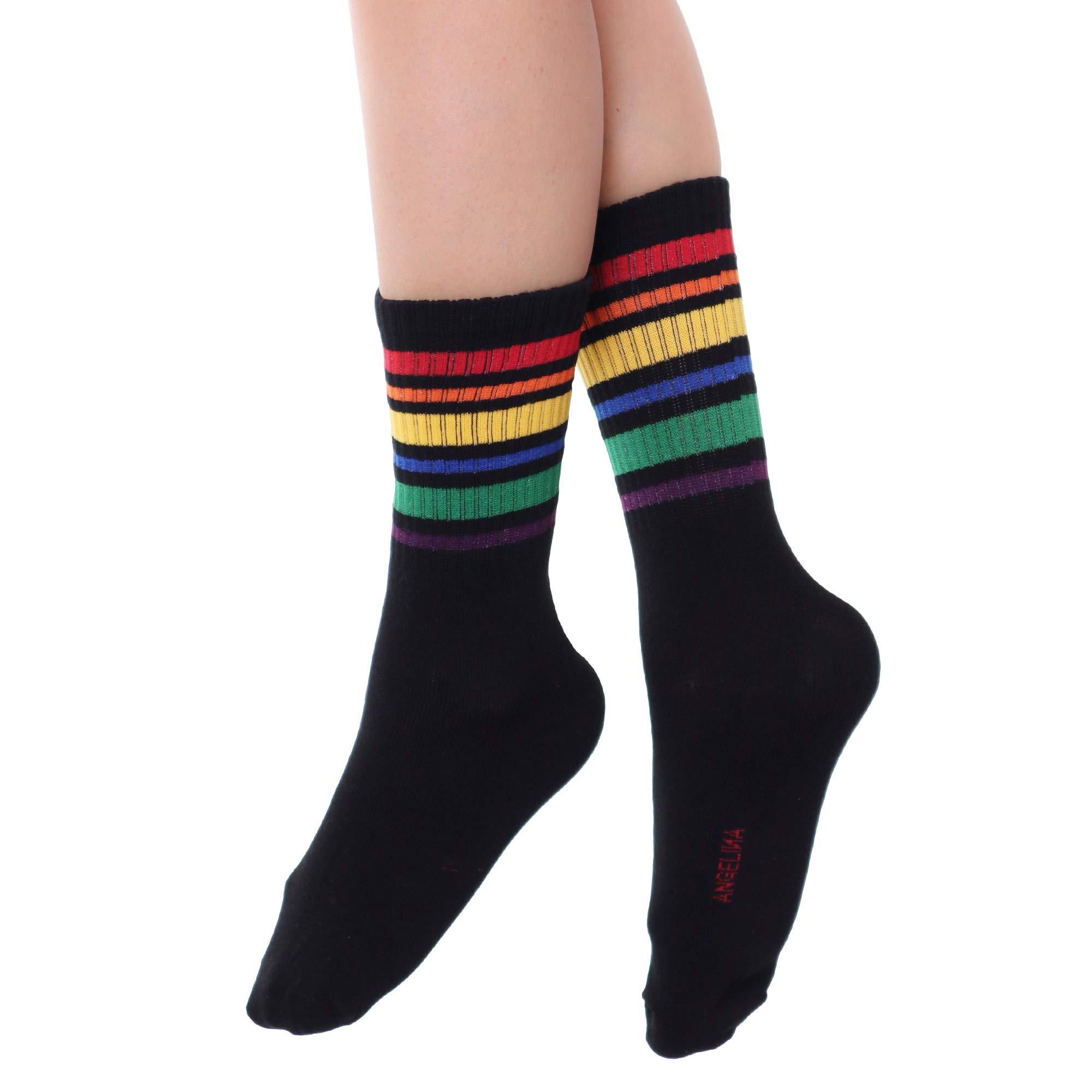 Angelina Women's Rainbow Striped Cotton Crew Socks - 6 Pairs Pack - Soft & Comfortable for Everyday Wear, Workout, and Casual Outfits
