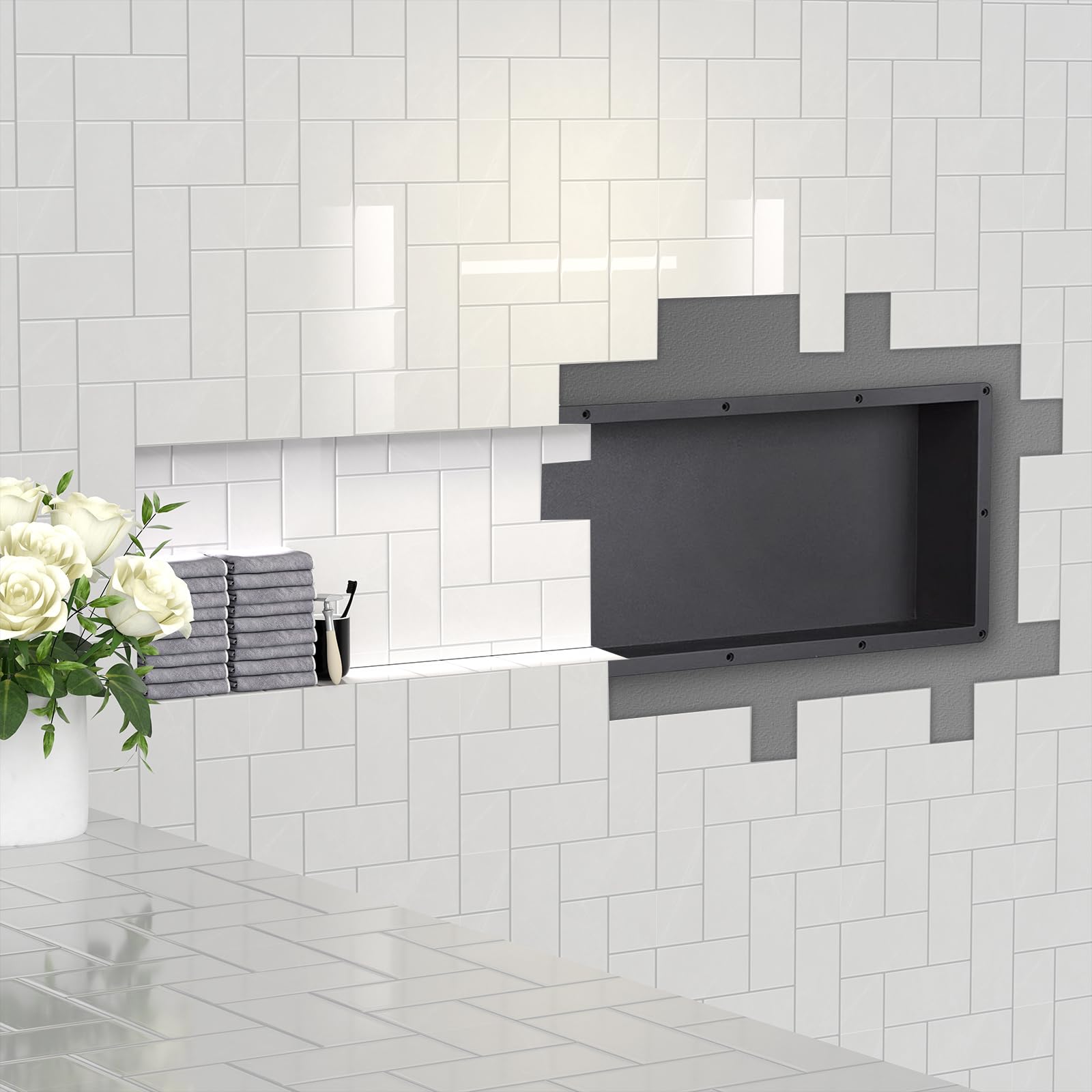 14x50 Inch Large Rectangle Shower Niche Insert with Mosaic Mesh - Tile Ready Wall Shelf for Shampoo & Toiletry Storage - Flush Mount Bathroom Organizer for Modern Showers & Spa-Like Bathrooms