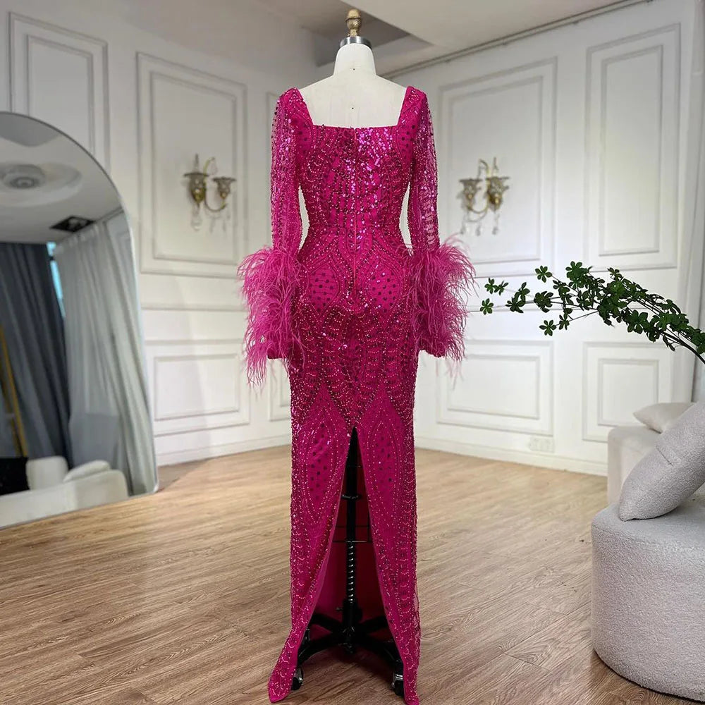 Elegant Fuchsia Dubai Evening Gowns with Long Sleeves - LA72565 for Formal Events, Galas & Special Occasions