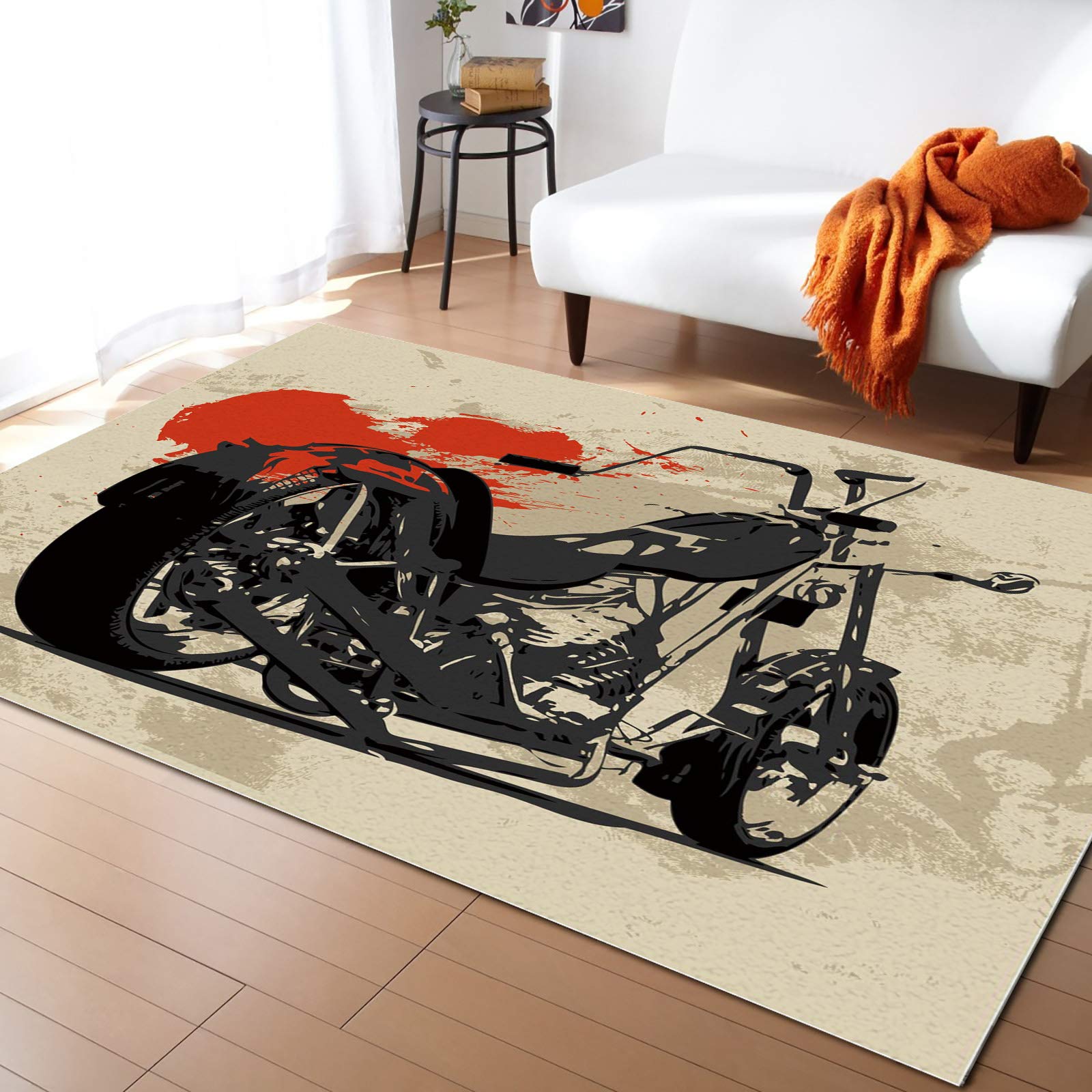 **Vintage Black Motorcycle Area Runner Rug 5'x7' - Washable Indoor Outdoor Rug for Kitchen, Living Room, Bathroom, Bedroom, Classroom & Laundry - Abstract Red Doormat for Entryway, Desk & Welcome Mat**    *(Perfect for biker-themed home decor, garage flooring, or adding rugged style to any space!)*