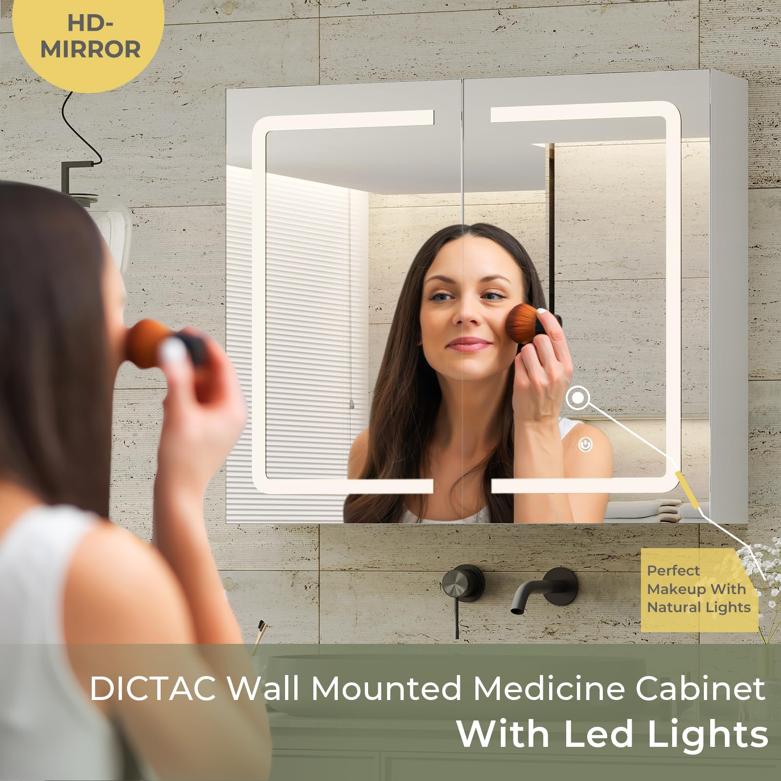 DICTAC 27.6x23.62 Inch LED Lighted Bathroom Medicine Cabinet with Mirror - Double Door Wall Mounted Storage Organizer with Adjustable Shelves, White - Perfect for Modern Bathrooms, Bedrooms & Vanity Areas