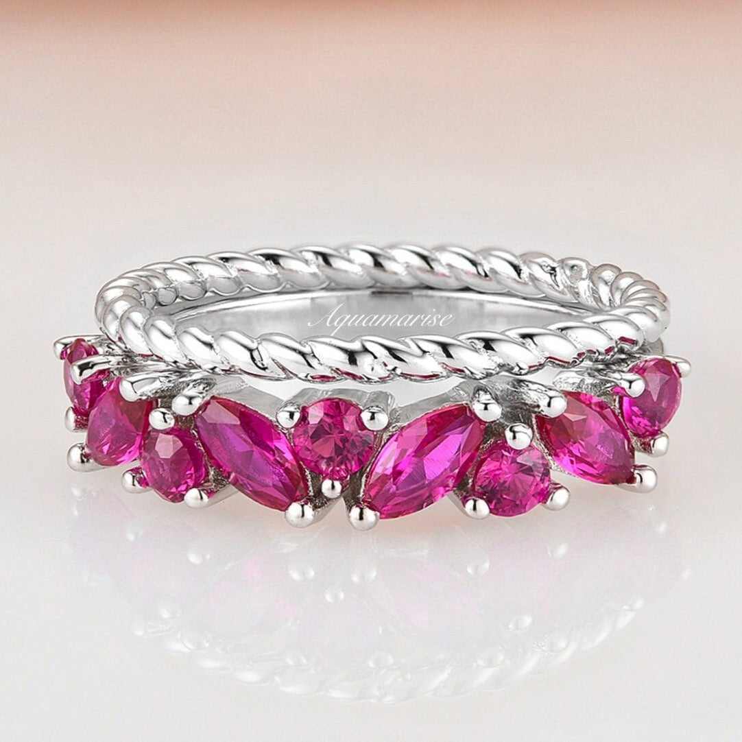 Willow Ruby Ring Set for Women - Sterling Silver 925 Stackable Rings, Elegant Gift for Valentine's Day, Anniversary, Birthday | Perfect for Everyday Wear & Special Occasions