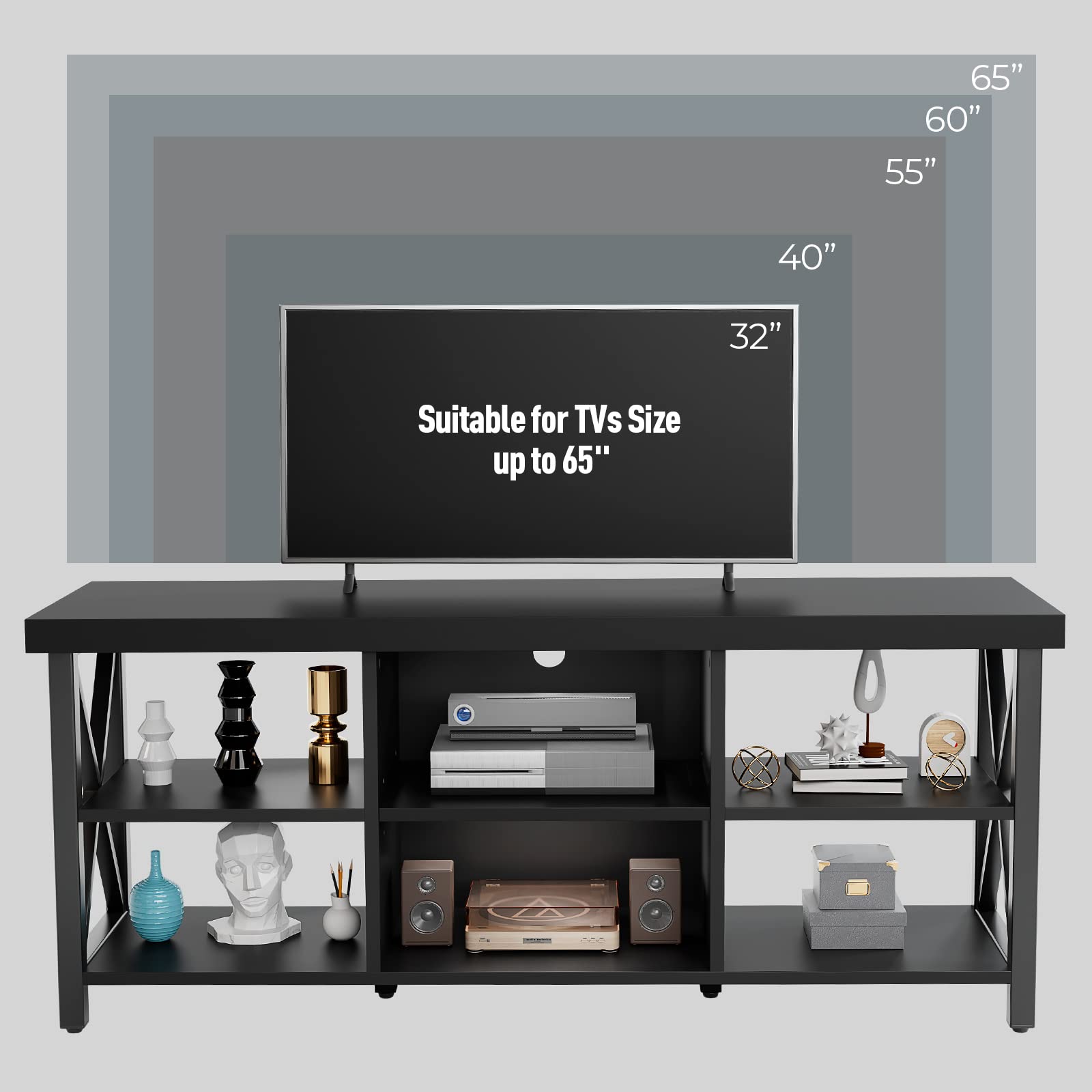 GreenForest 65 Inch TV Stand with 6 Storage Cabinets - Industrial Farmhouse Entertainment Center for Living Room, Black | Perfect for Home Theater & Living Room Organization